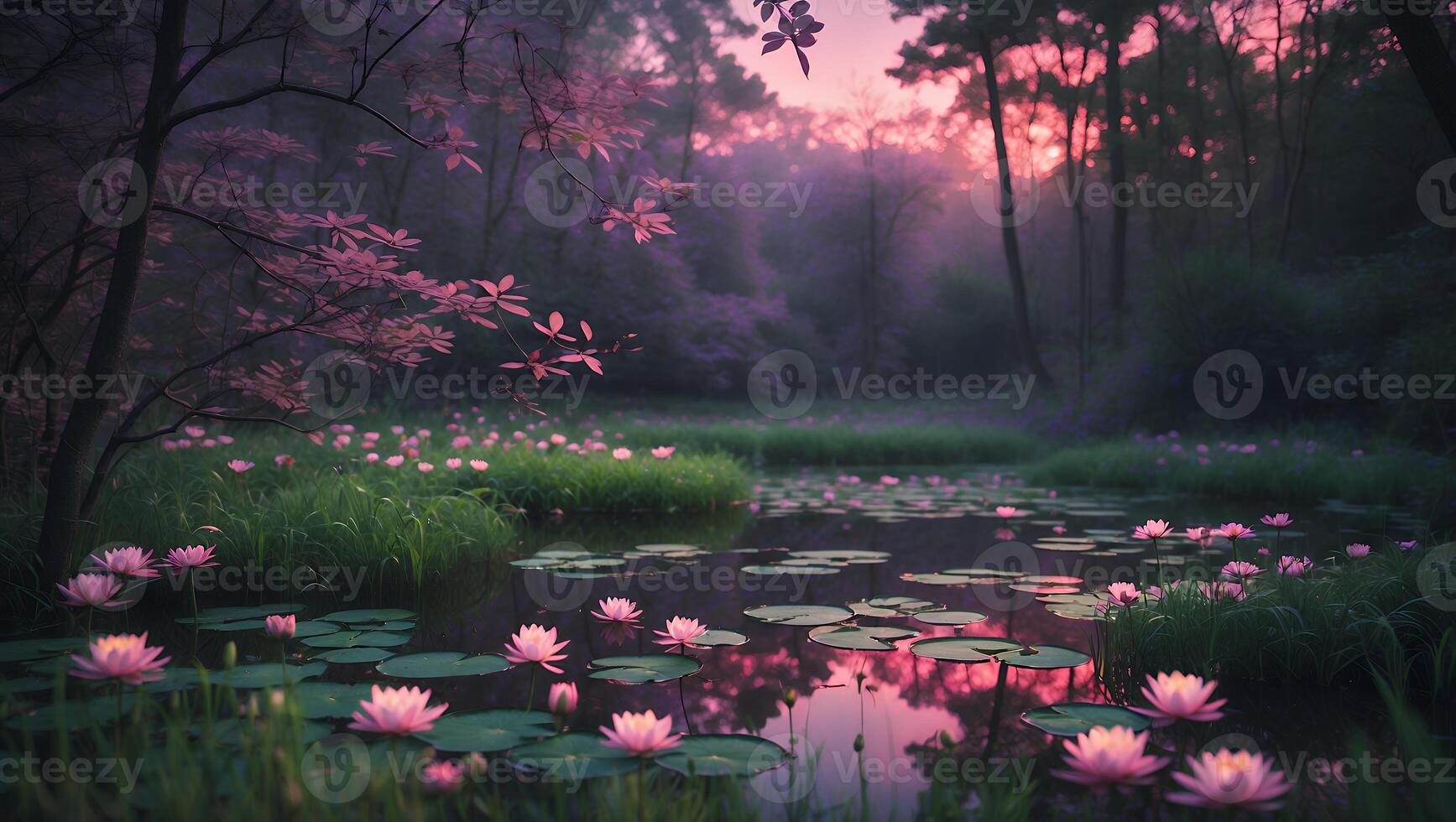 Pink Water Lilies Floating on a Peaceful Pond at Dusk photo