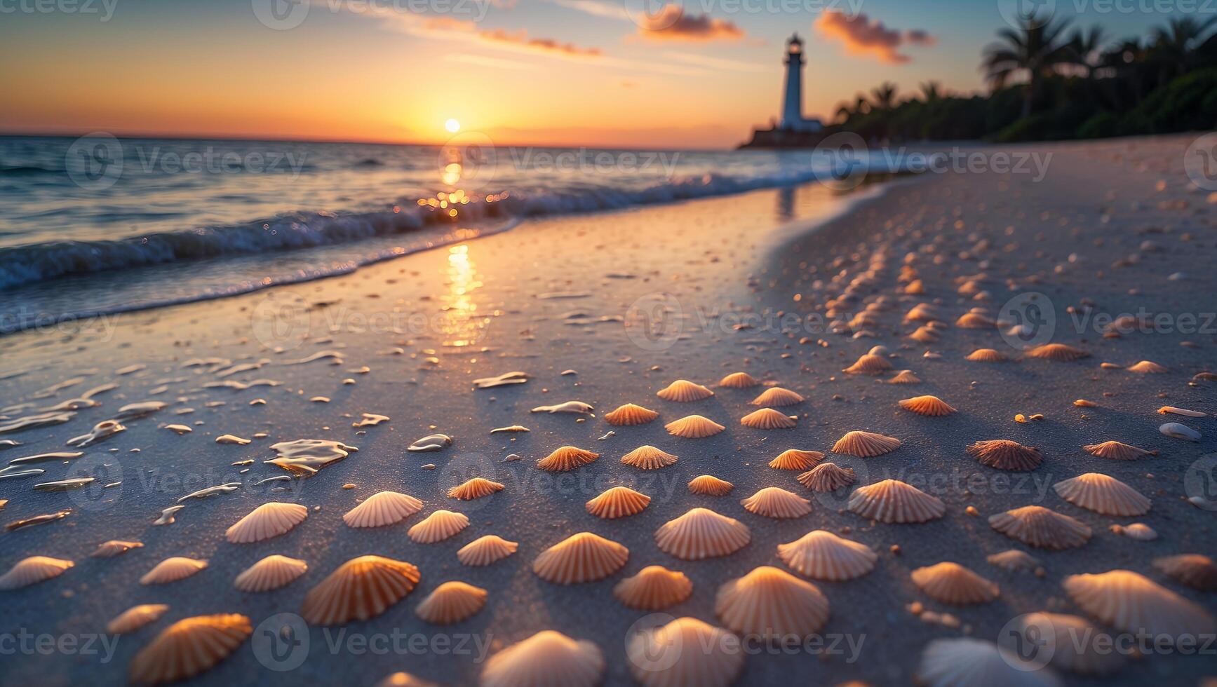 Seashells on Sandy Beach at Sunset with Ocean Waves and Lighthouse photo
