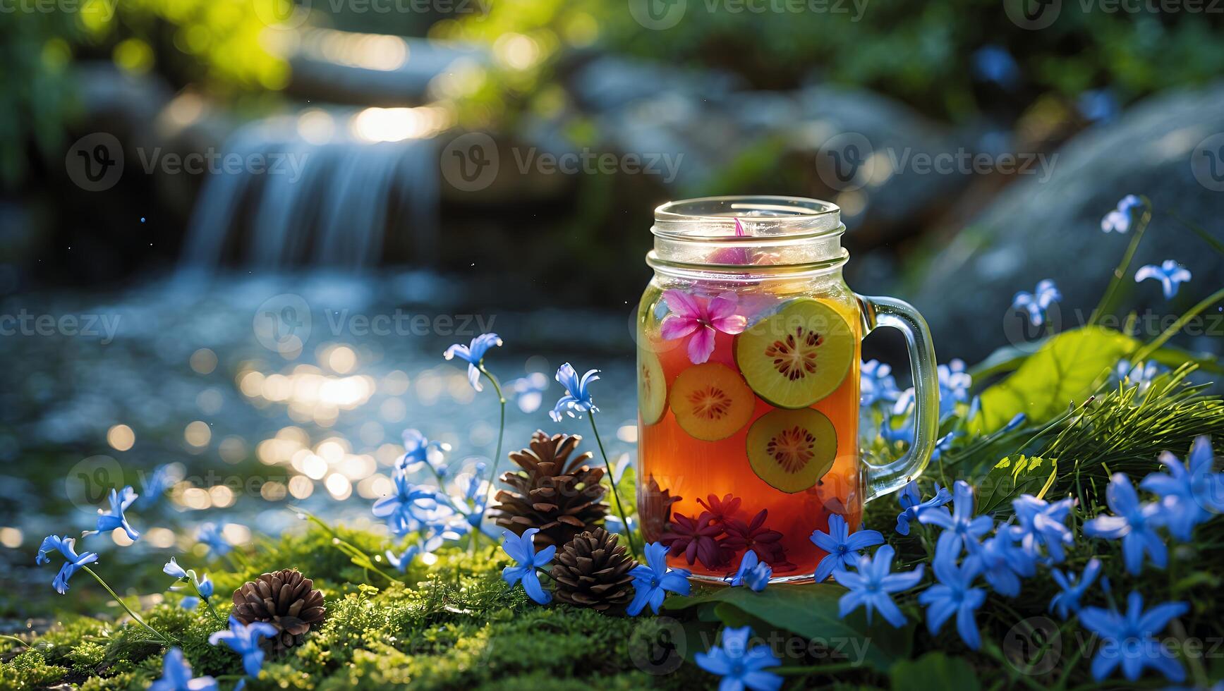 Refreshing Drink in Jar with Fruit Slices and Waterfall Backdrop photo