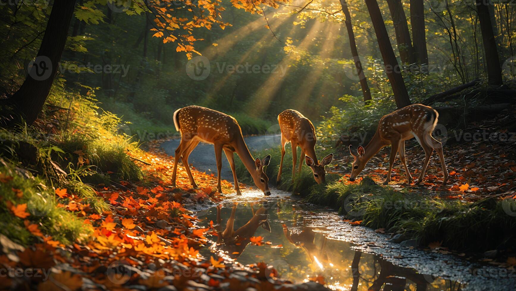 Deer Drinking From Stream in Forest with Sunlight and Autumn Leaves photo