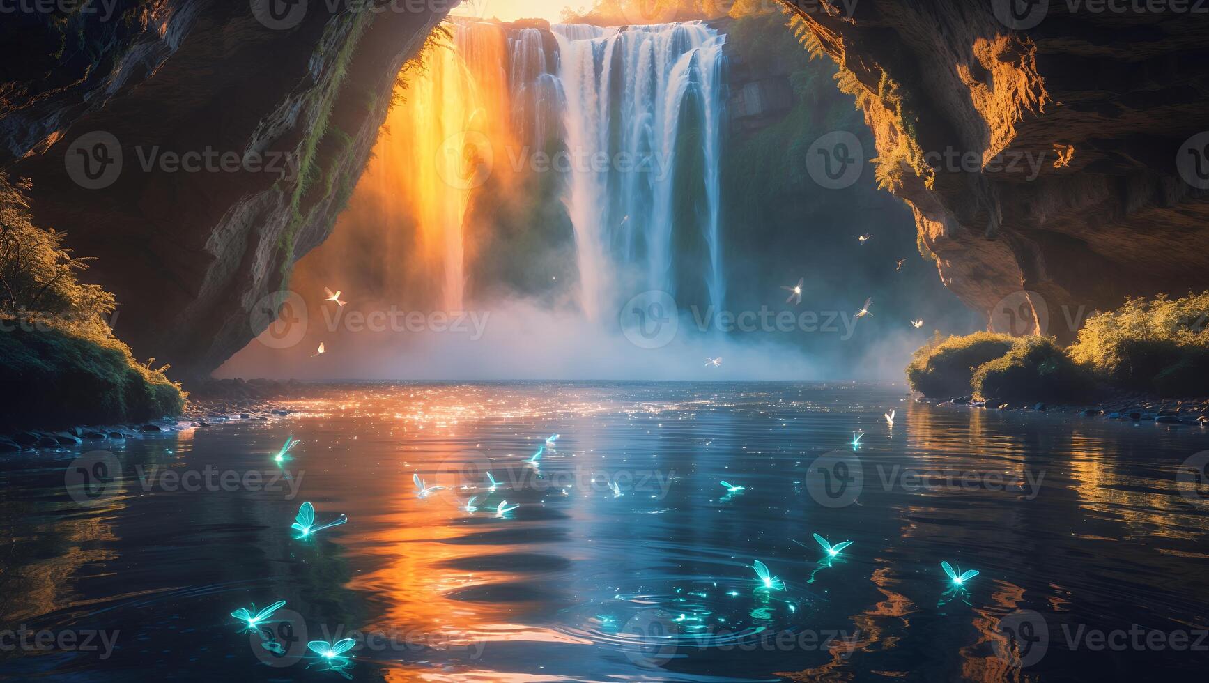 Waterfall Flowing Into Calm Pool with Glowing Insects at Dusk photo