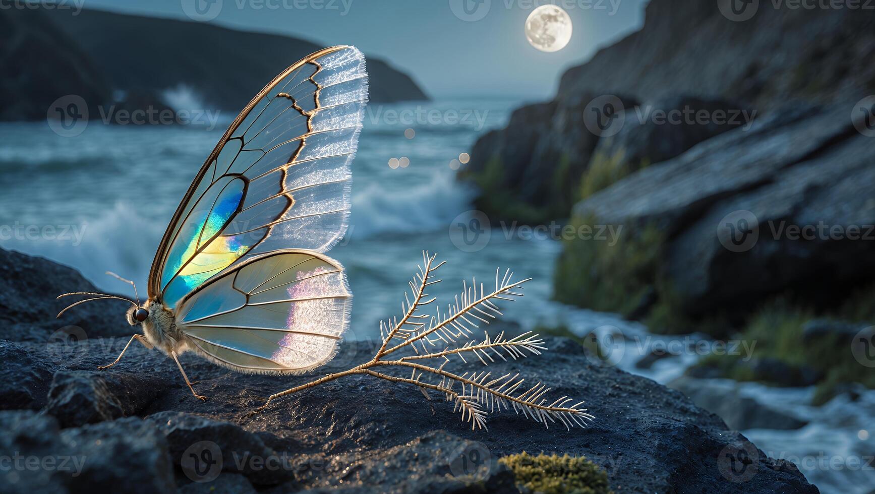 Butterfly Resting on Coastal Rocks Under Moonlight with Ocean Waves photo