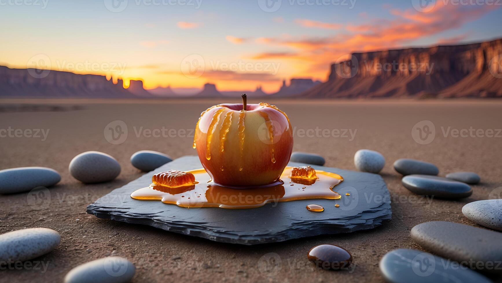 Honey Glazed Apple on Slate Desert Scene with Sunset Glow photo