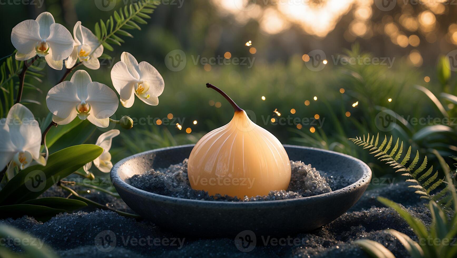Glowing Pear in Bowl with Orchids and Bokeh in Nature photo