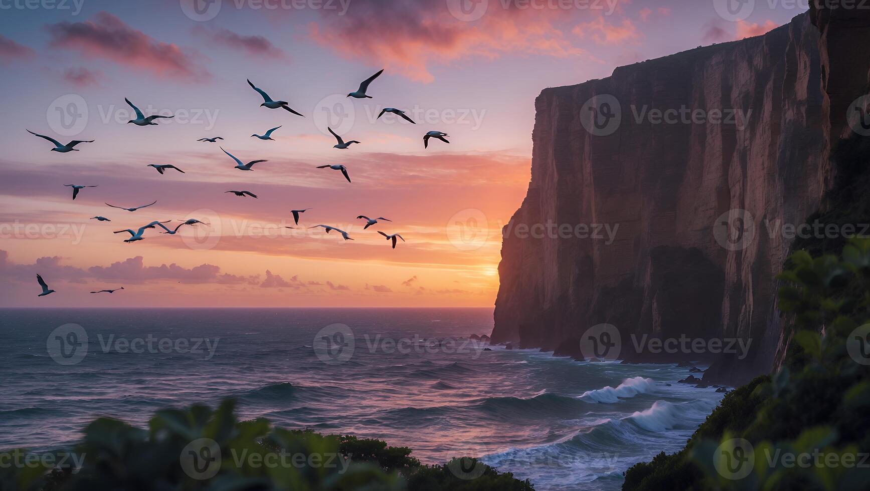 Seagulls Flying Over Ocean Cliffs at Sunset with Colorful Sky photo