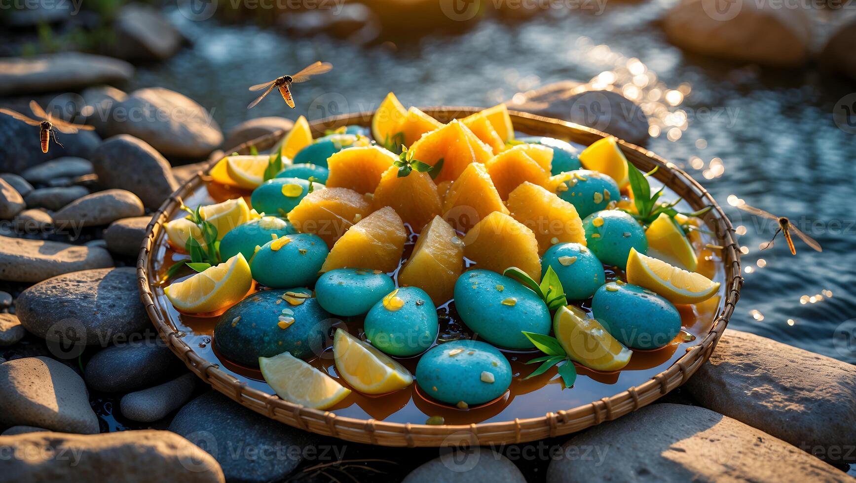Fruit and Mochi on Tray Beside River with Flying Insects photo