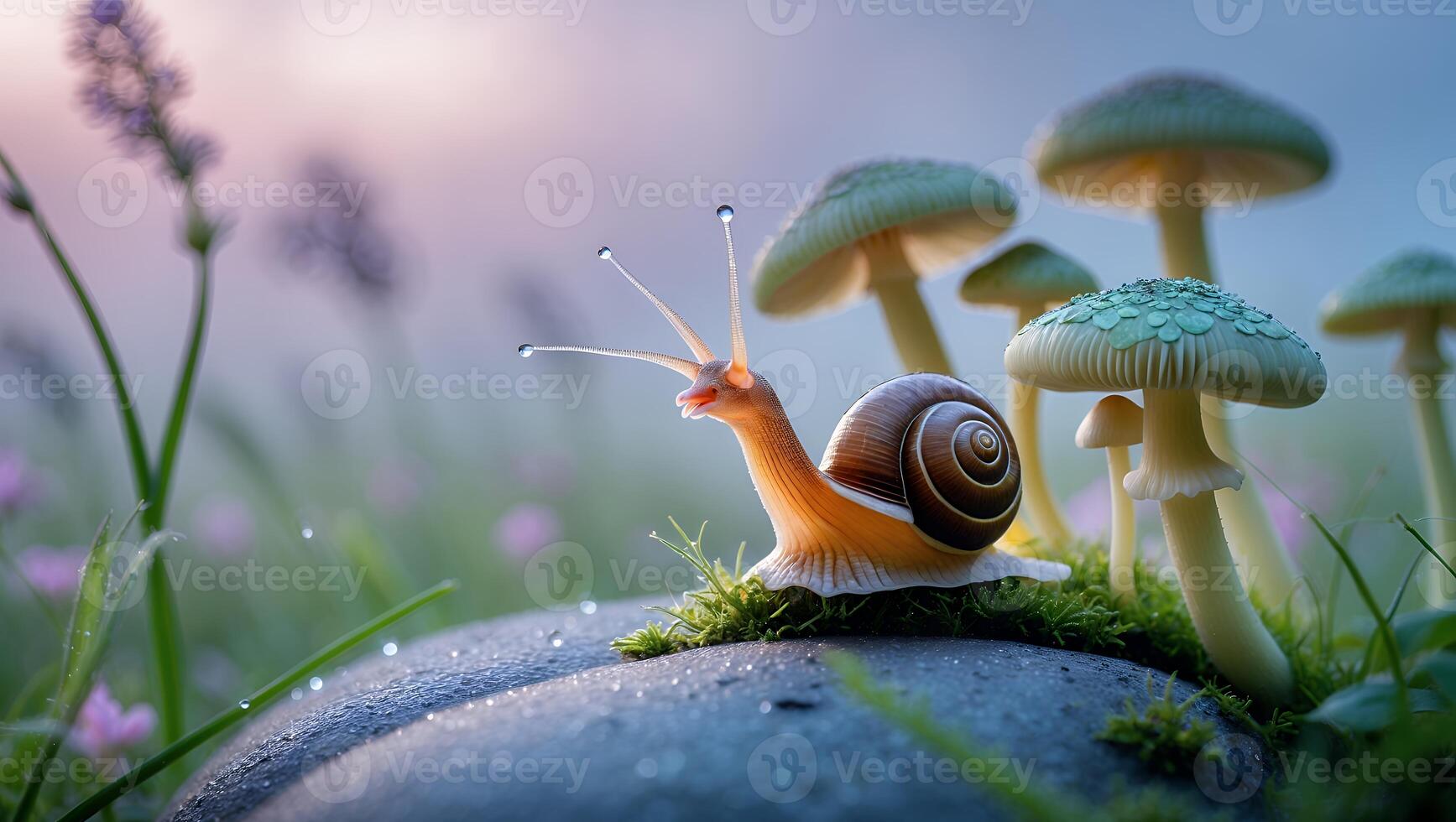 Snail Exploring Mossy Rock with Mushrooms in Dreamy Natural Setting photo
