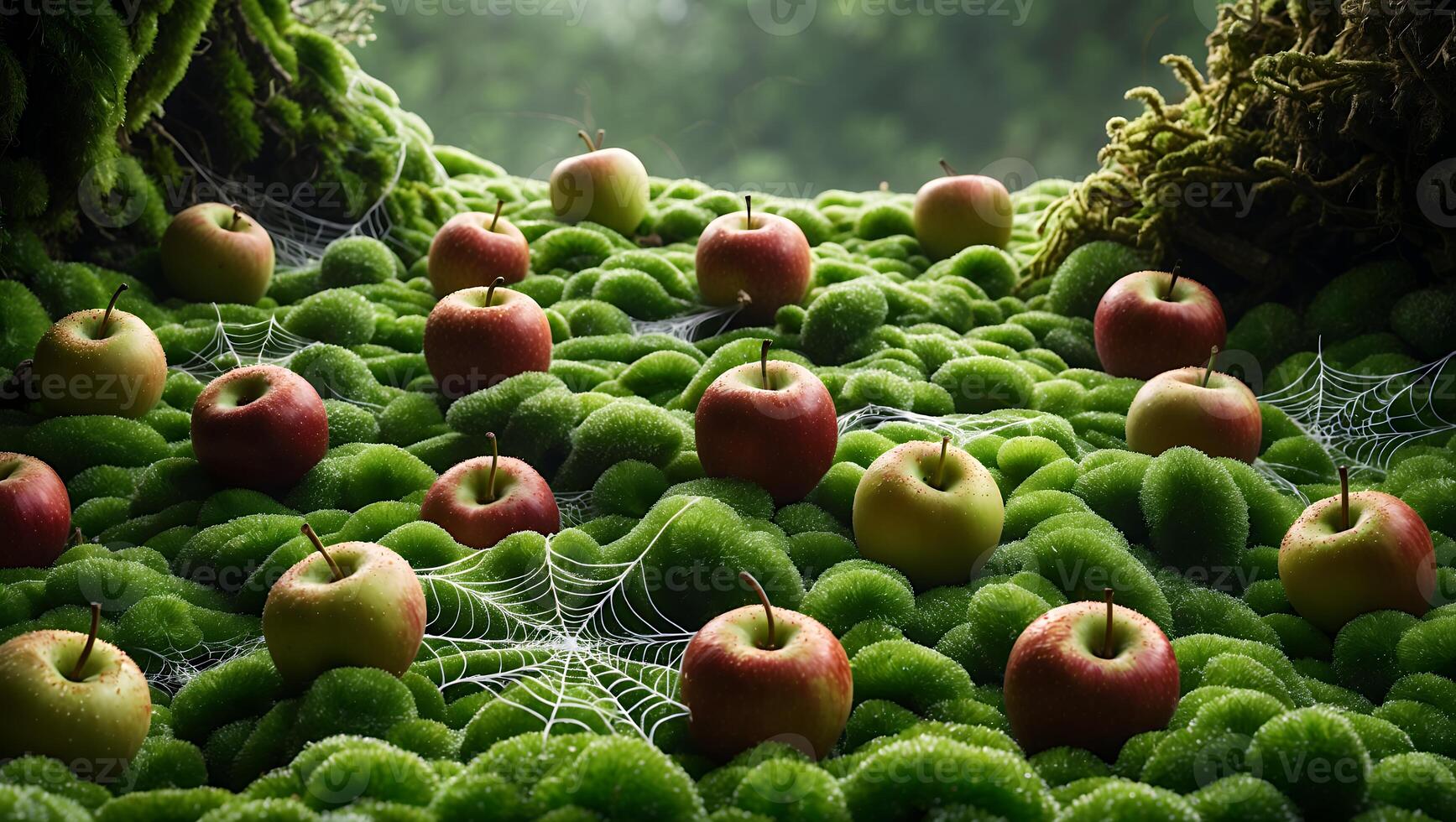 Apples on Mossy Hill with Cobwebs in a Forest Setting photo
