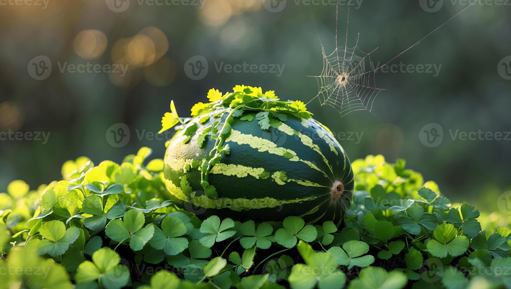 Watermelon Resting on Clovers with Vine and Spiderweb in Garden photo