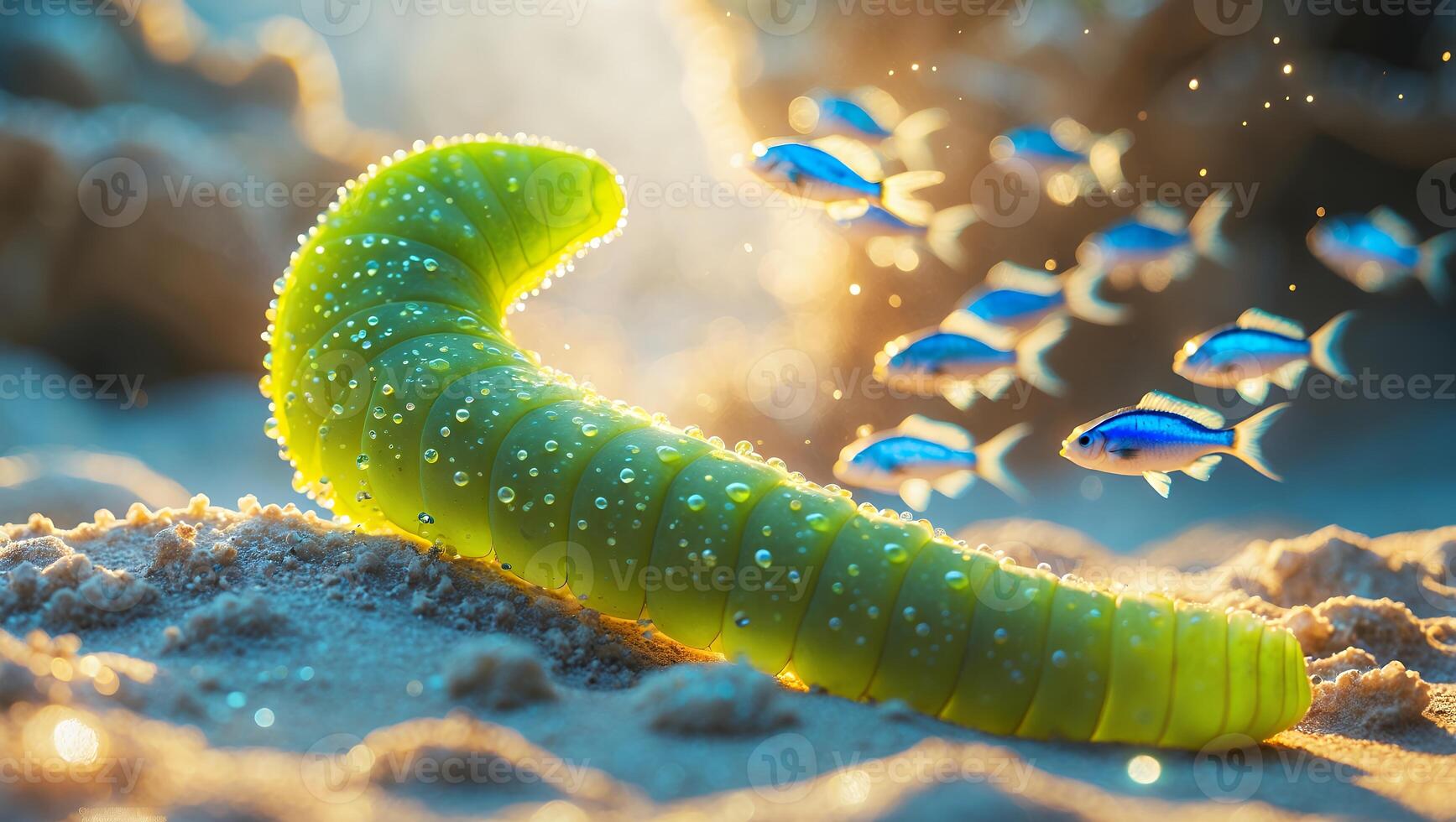 Green Sea Cucumber on Sand with School of Small Blue Fish photo