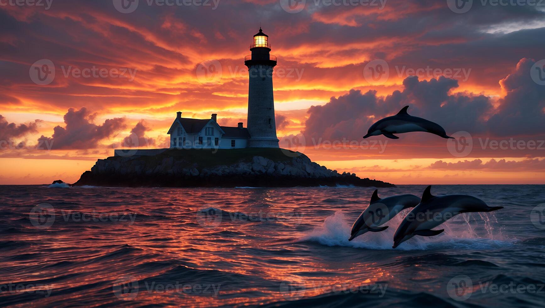 Dolphins Leaping Near Lighthouse at Sunset with Fiery Sky Reflection photo