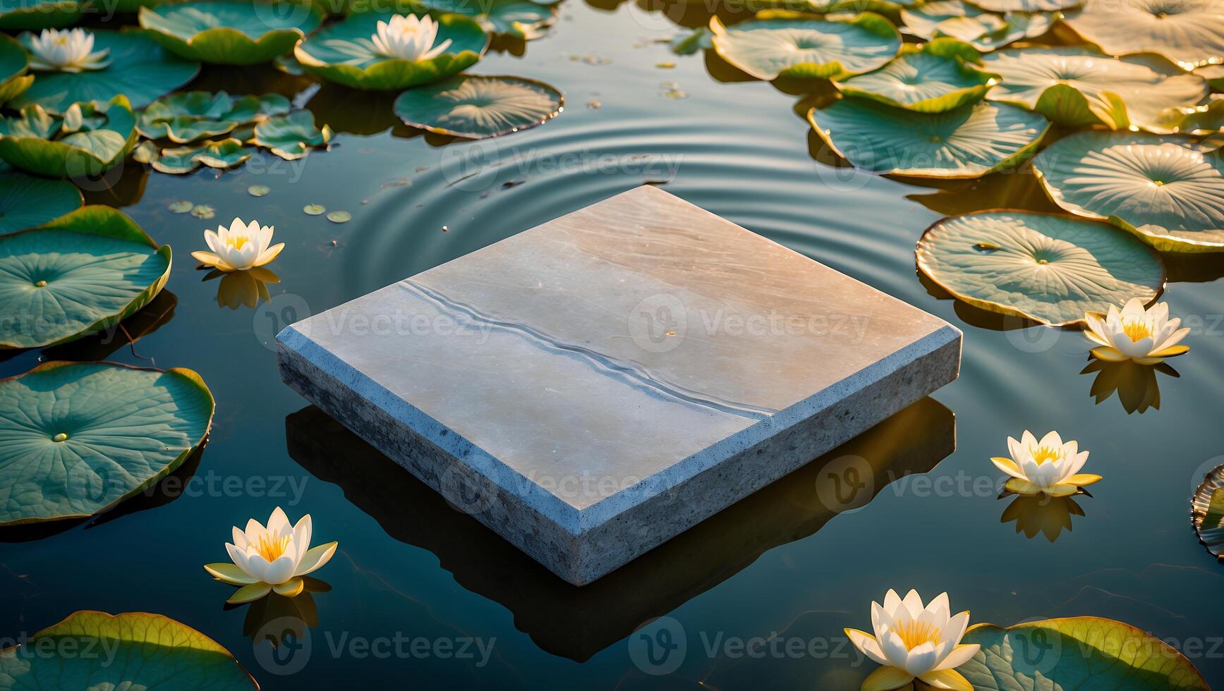 Floating Stone Platform Surrounded by Water Lilies in Pond Setting photo