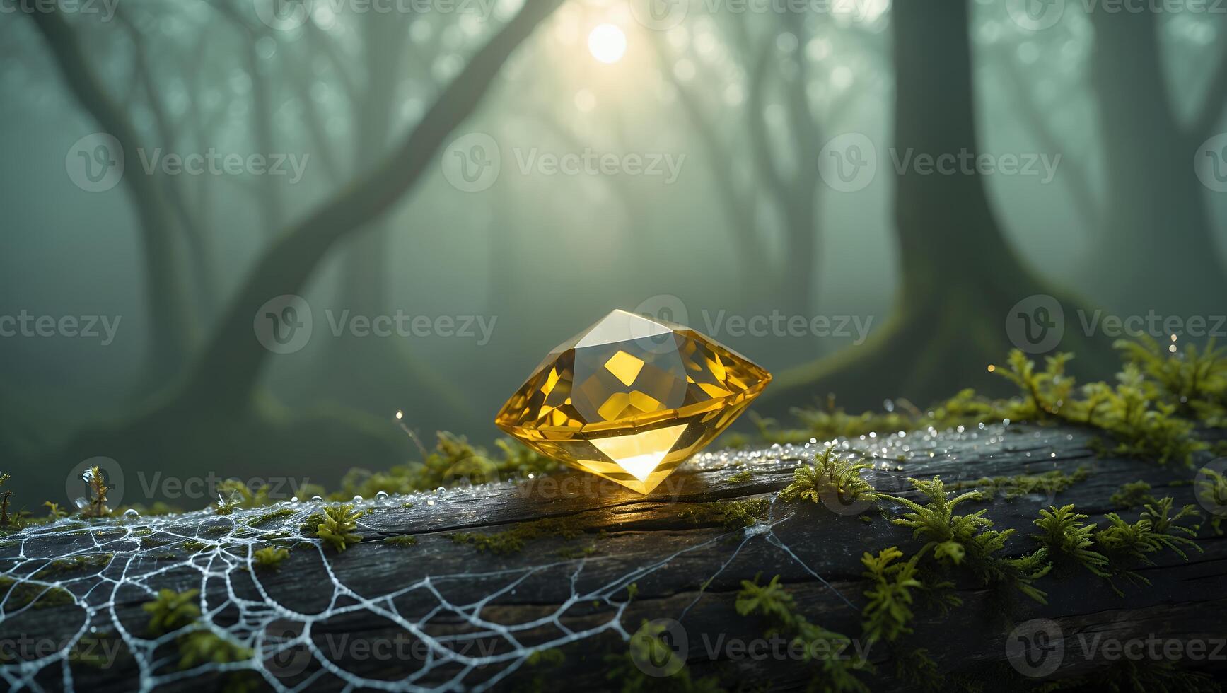 Yellow Gemstone Resting on Mossy Log in Mysterious Forest Scene photo