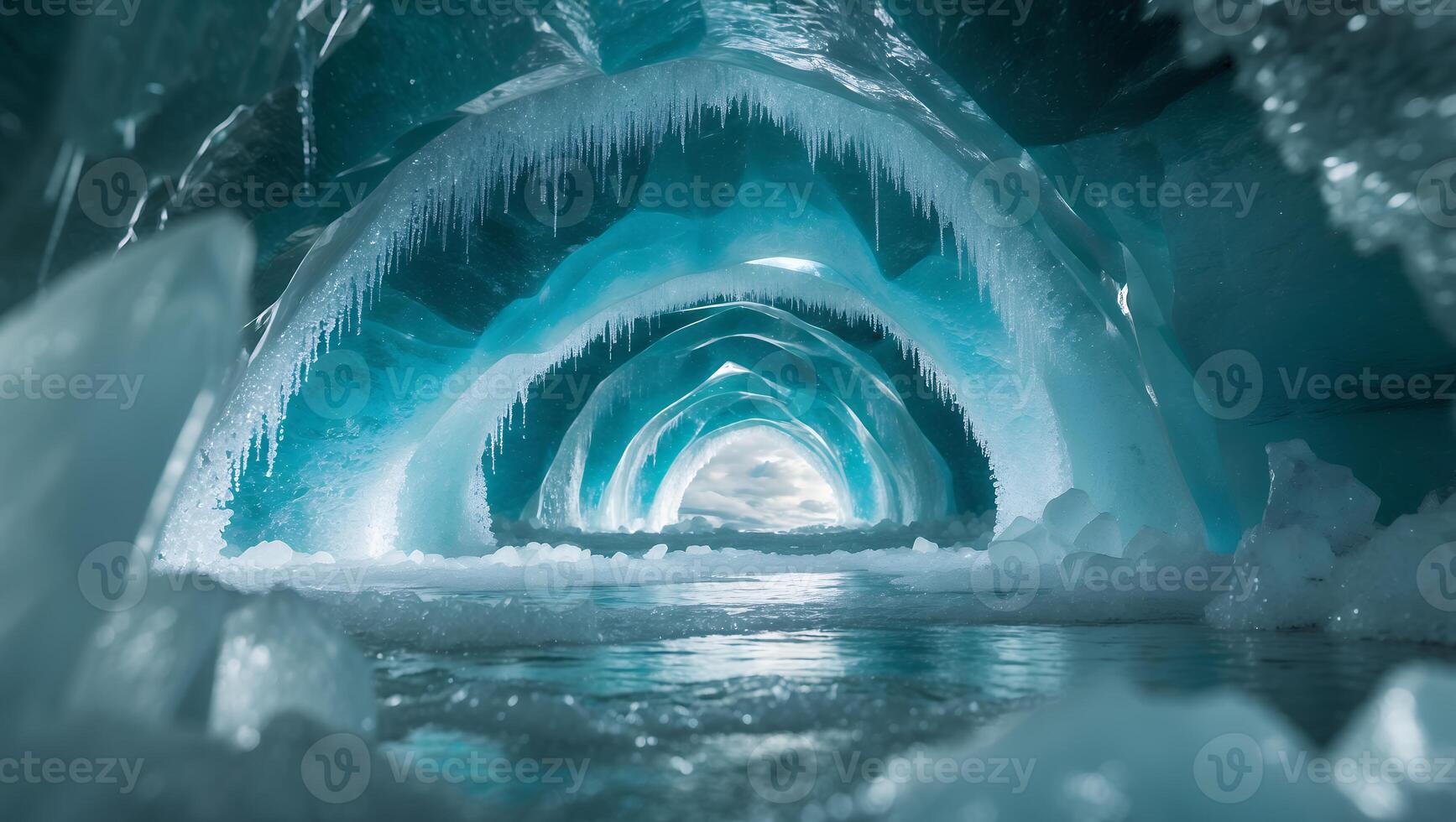 Exploring a Frozen Ice Cave with Icicles and Reflecting Water photo