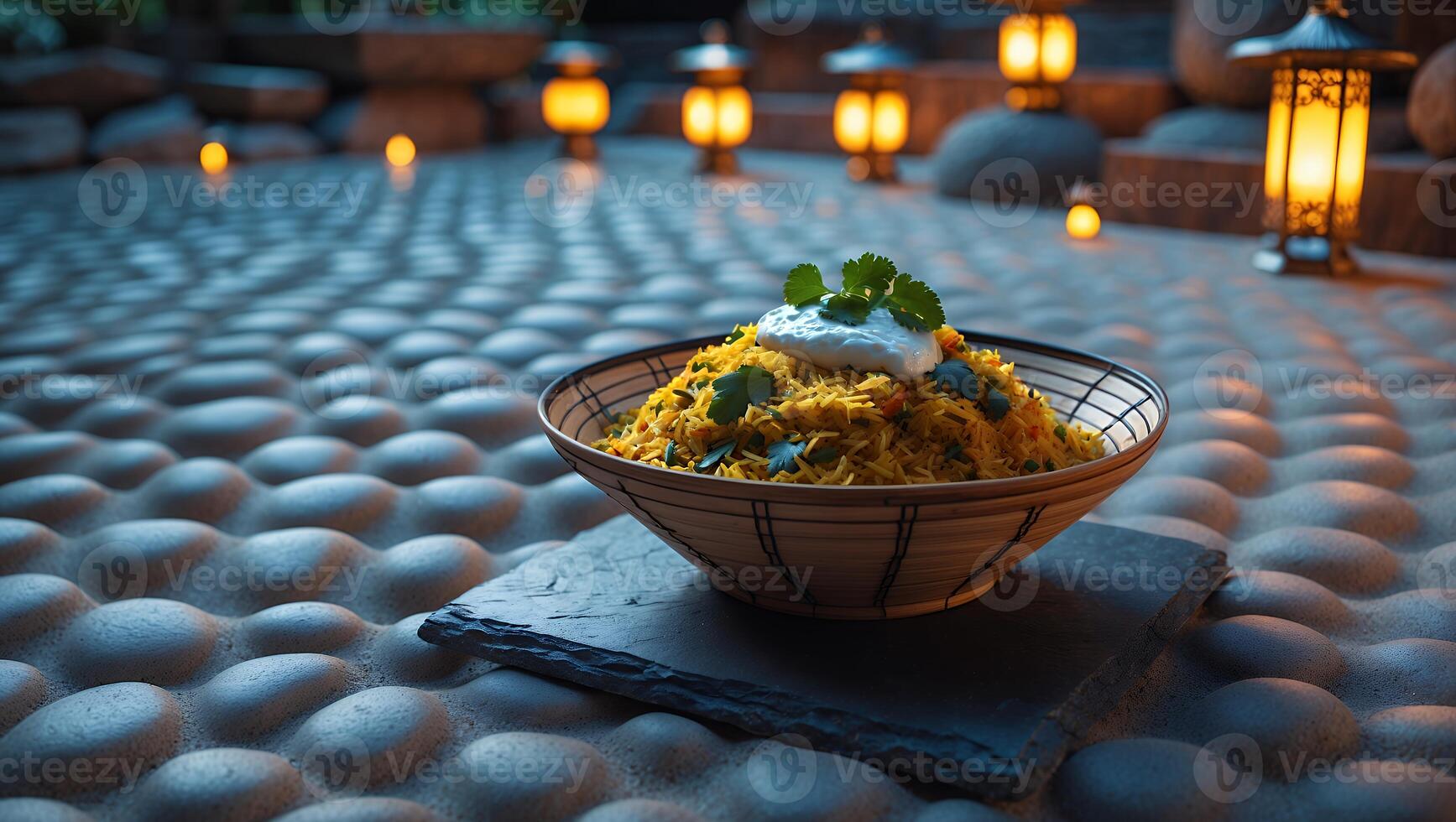 Bowl of Yellow Rice with Cream and Cilantro in Relaxing Setting photo