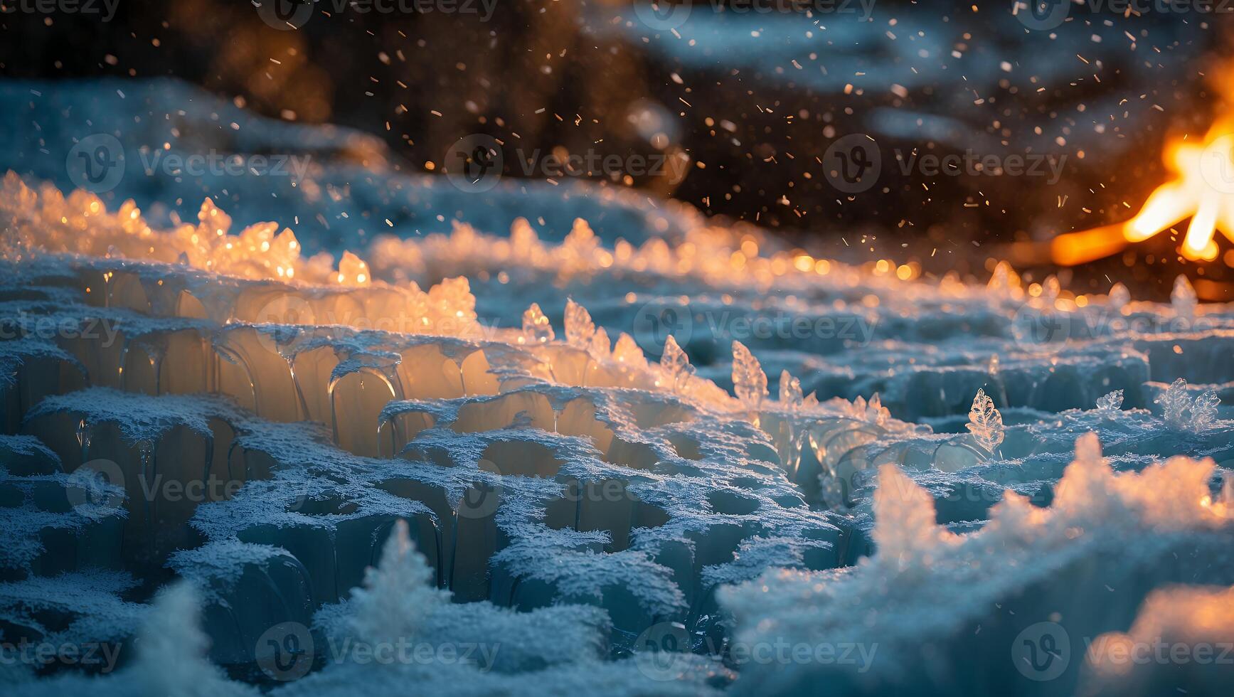 Icy Landscape Shimmers in Evening Light with Snowfall and Fire photo