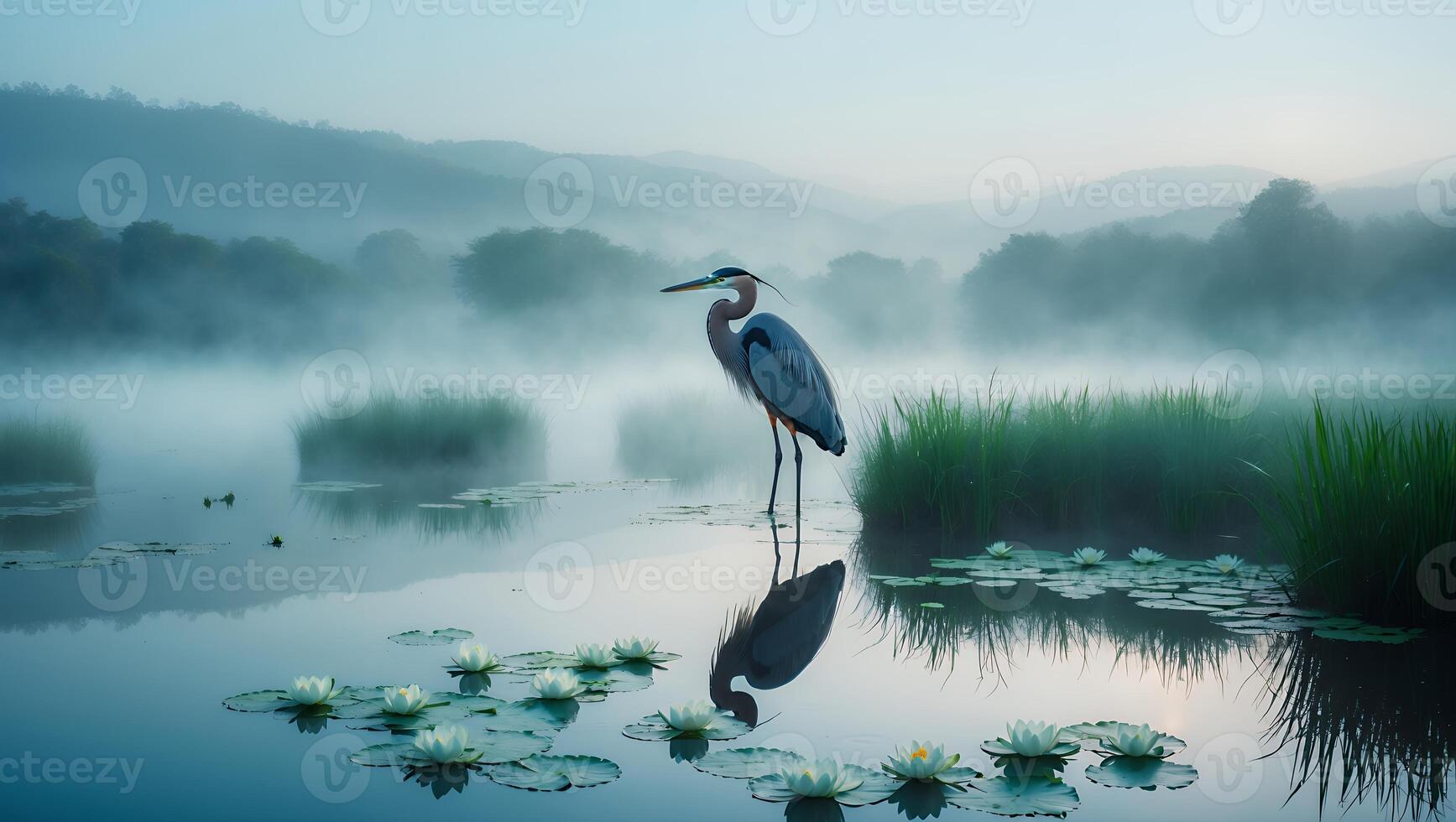 Heron Standing in Misty Lake Reflecting in the Water with Lilypads photo