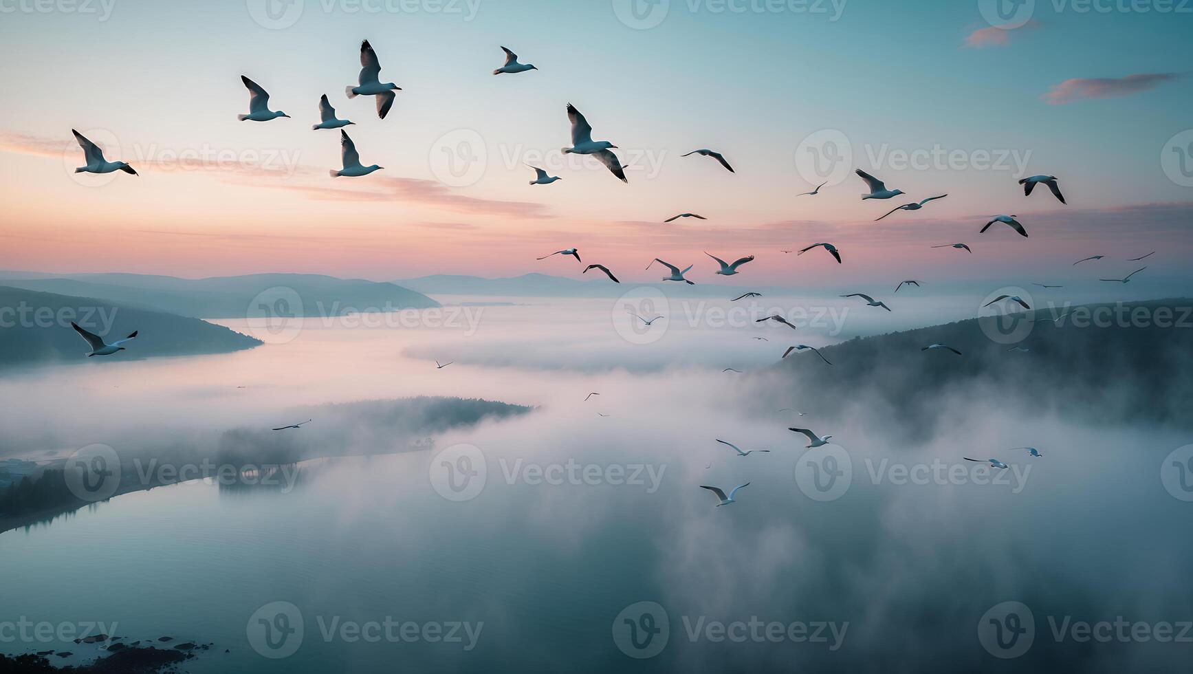 Seagulls Flying Above Foggy Lake at Sunrise with Mountains photo