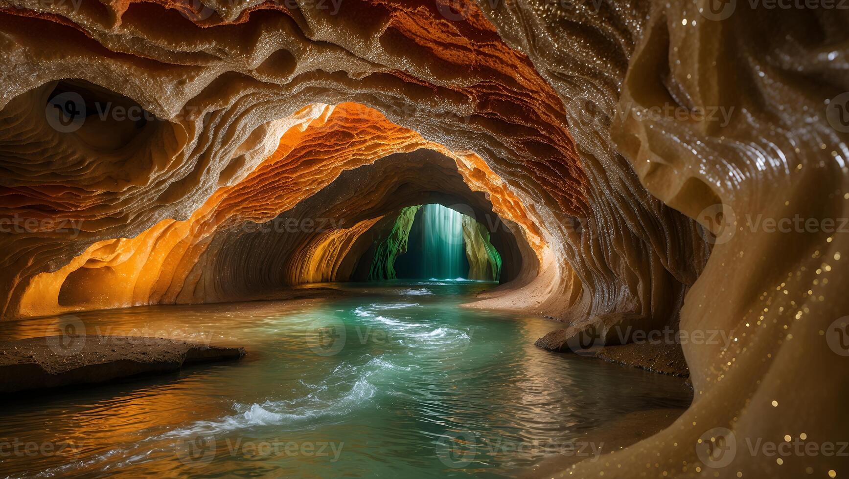 Exploring Glistening Cave with Flowing Water and Light Waterfall Feature photo