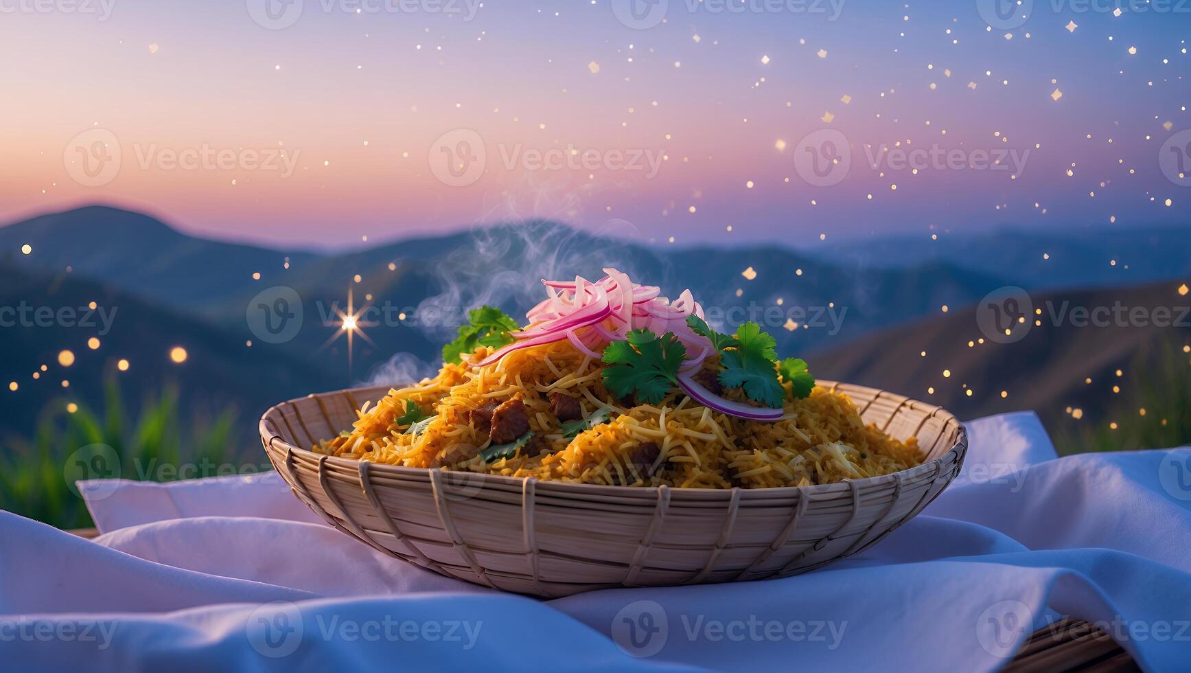 Steaming Plate of Rice Dish Topped with Herbs Overlooking Mountains photo