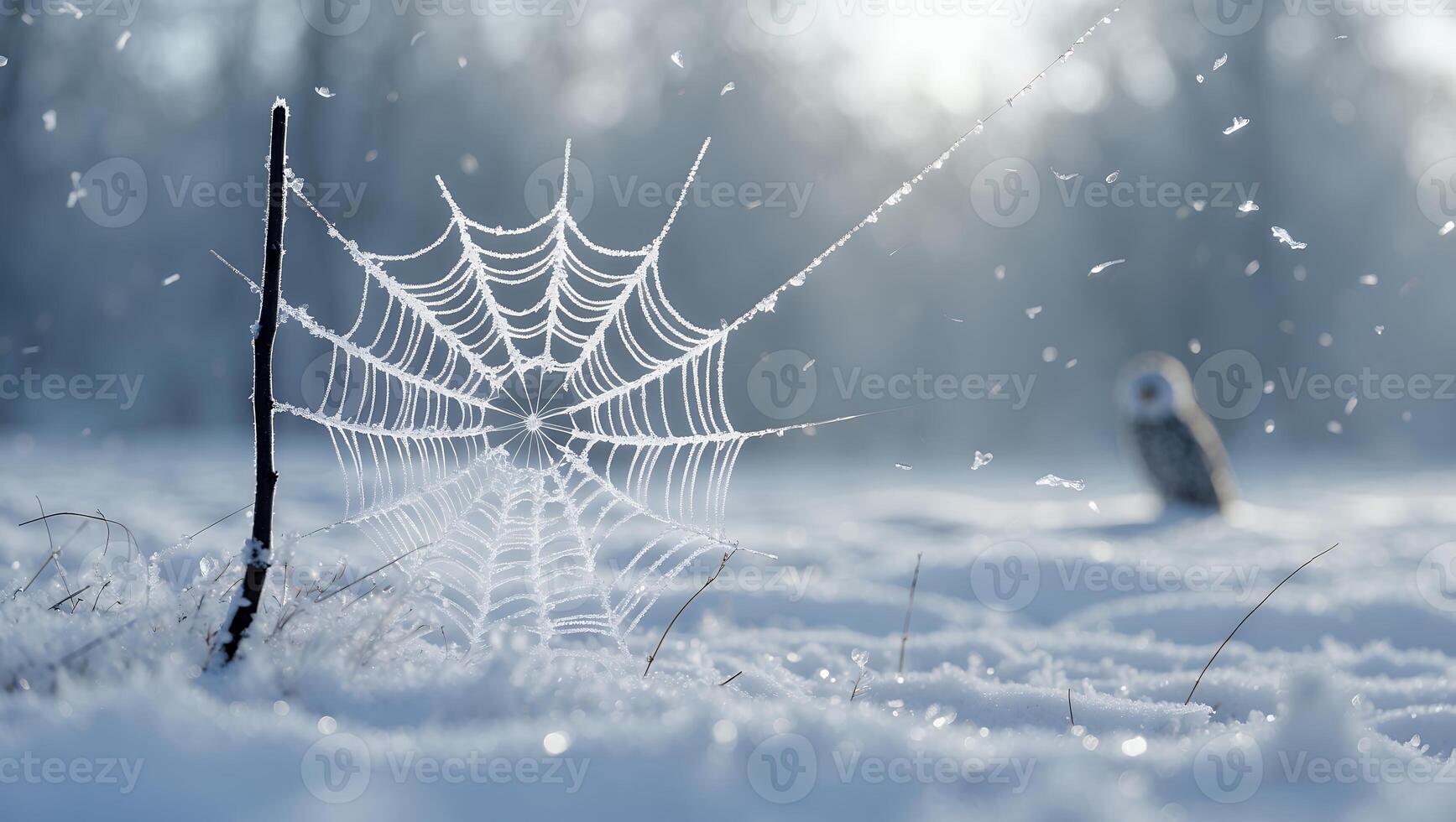Frozen Spiderweb in Snowy Field with Gentle Sunlight and Bird photo