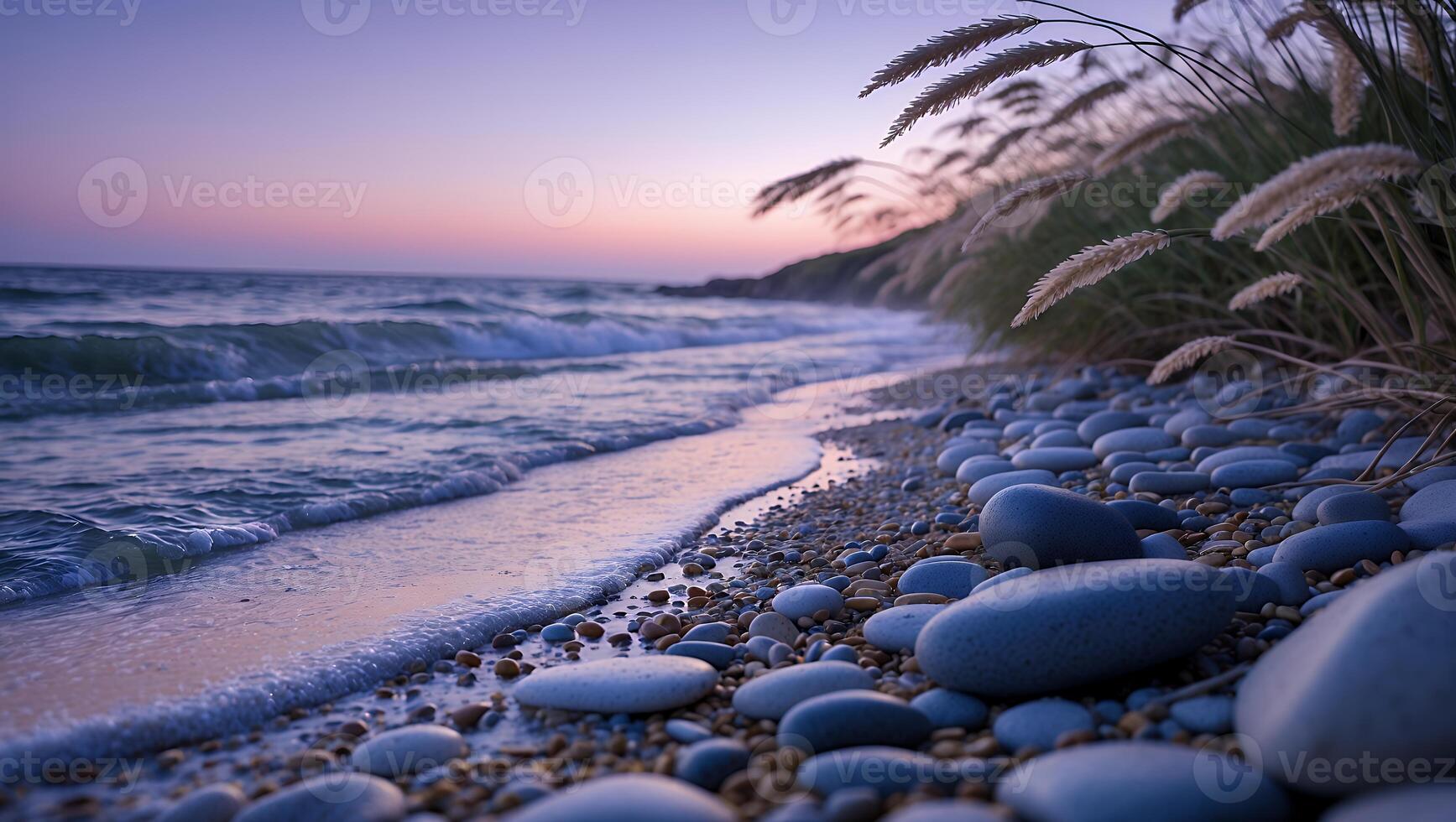 Calm Ocean Waves Lapping Rocky Shoreline at Dusk with Coastal Grasses photo