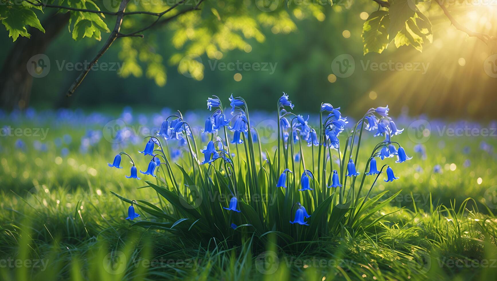 Bluebell Flowers Blooming in Spring Meadow with Sunlight Filtering Through photo