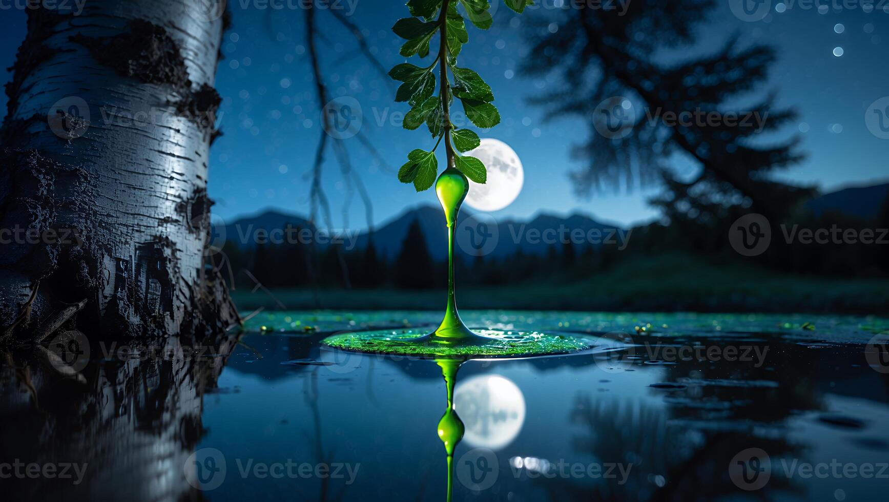 Water Drop From Branch Reflecting Moon in Tranquil Lake Scene photo