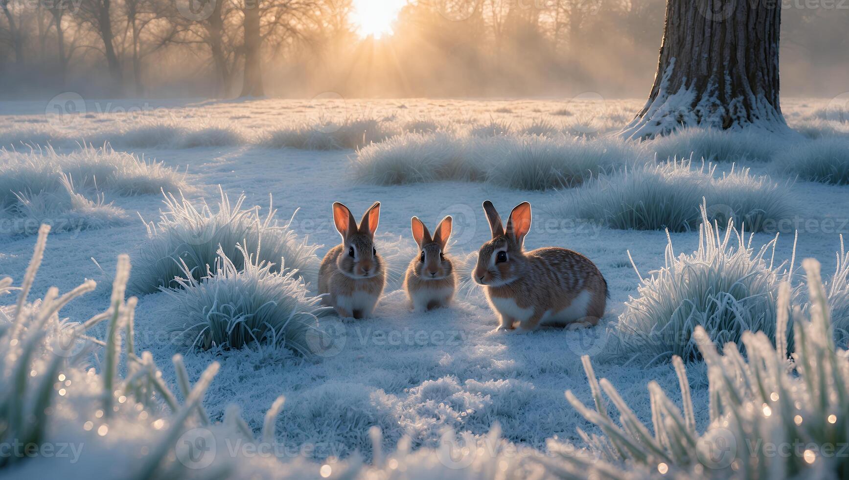 Rabbits in a Winter Field at Sunrise with Frosted Grass photo