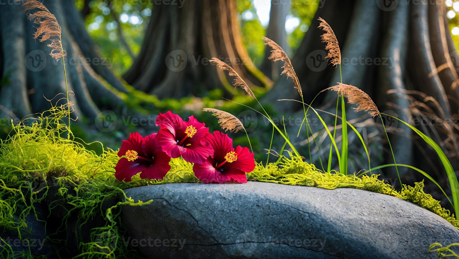 Red Hibiscus Flowers on Stone in Forest Setting for Nature photo