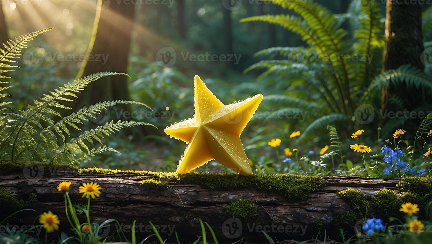 Yellow Star Object on Mossy Log in Forest Sunlight photo