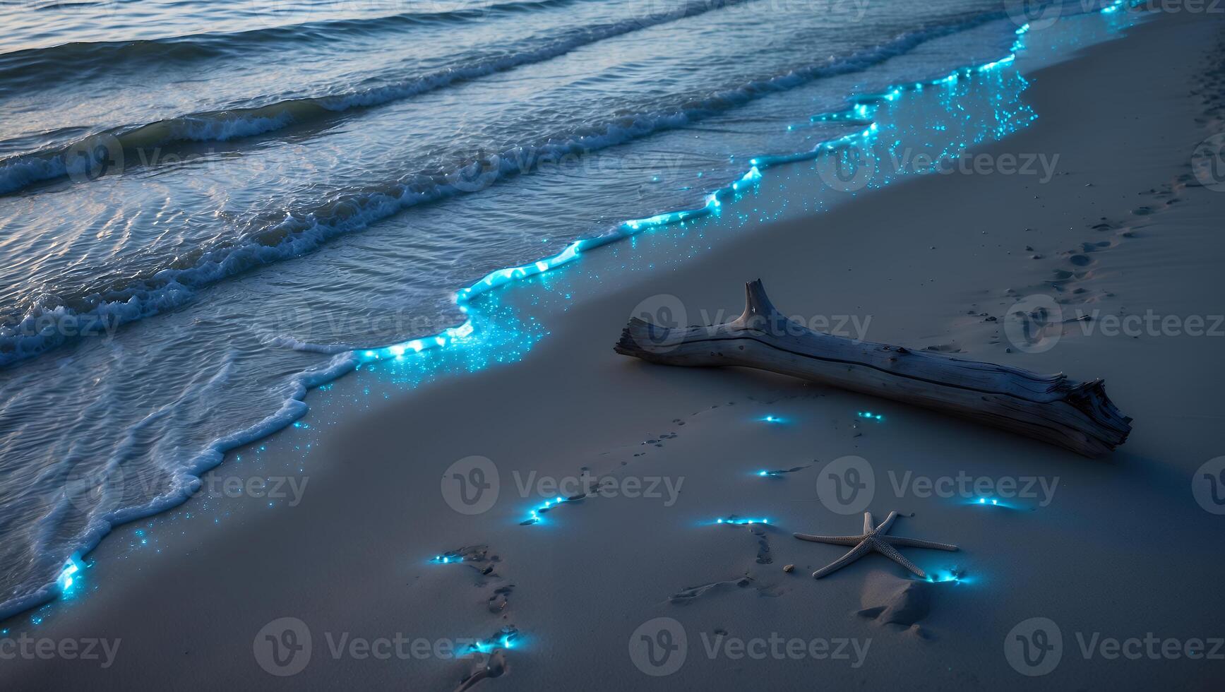 Glowing Waves on Sandy Beach at Night with Starfish and Driftwood photo