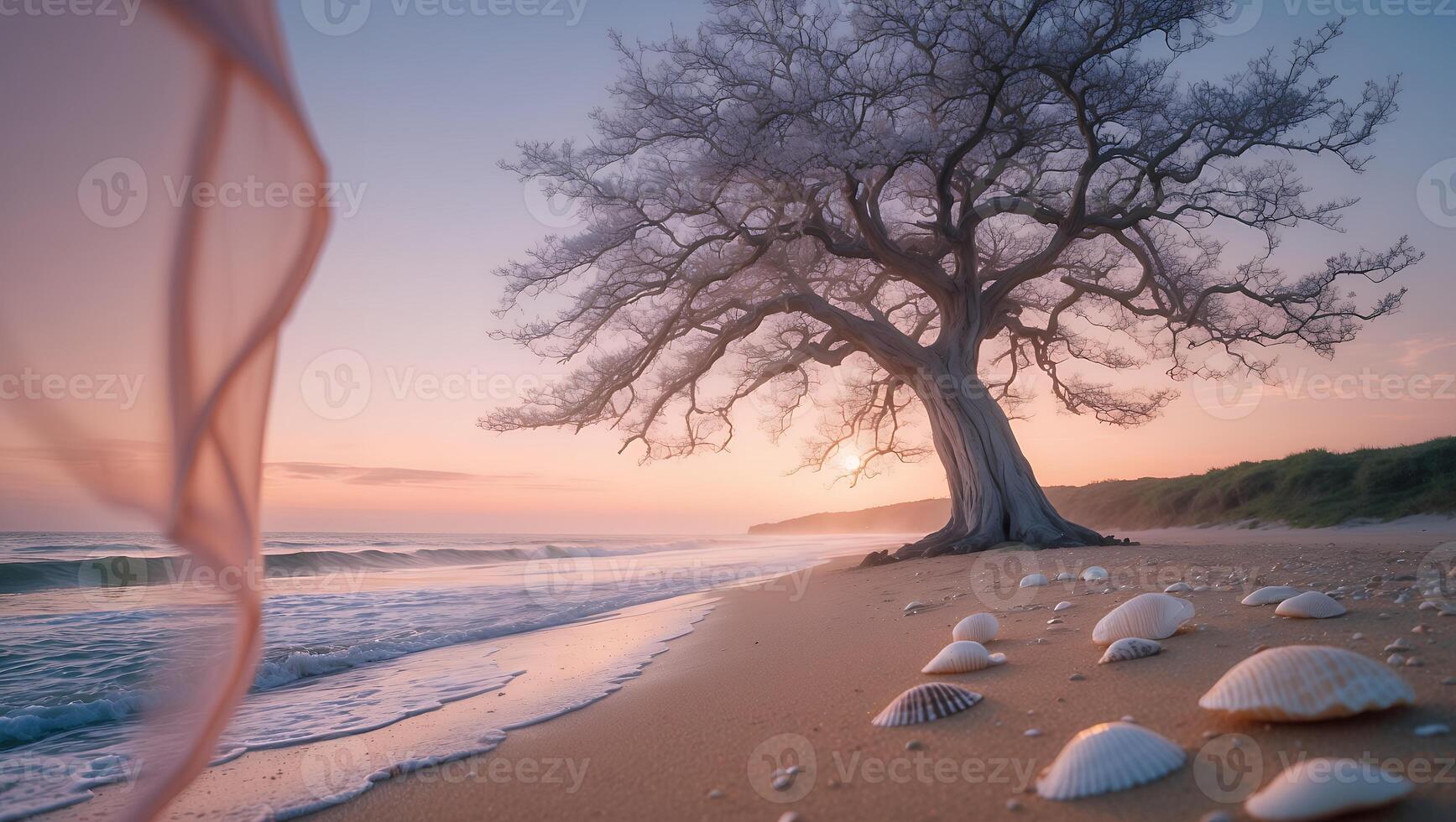 Tranquil Beach Scene with Tree, Seashells, and Soft Sunset Light photo