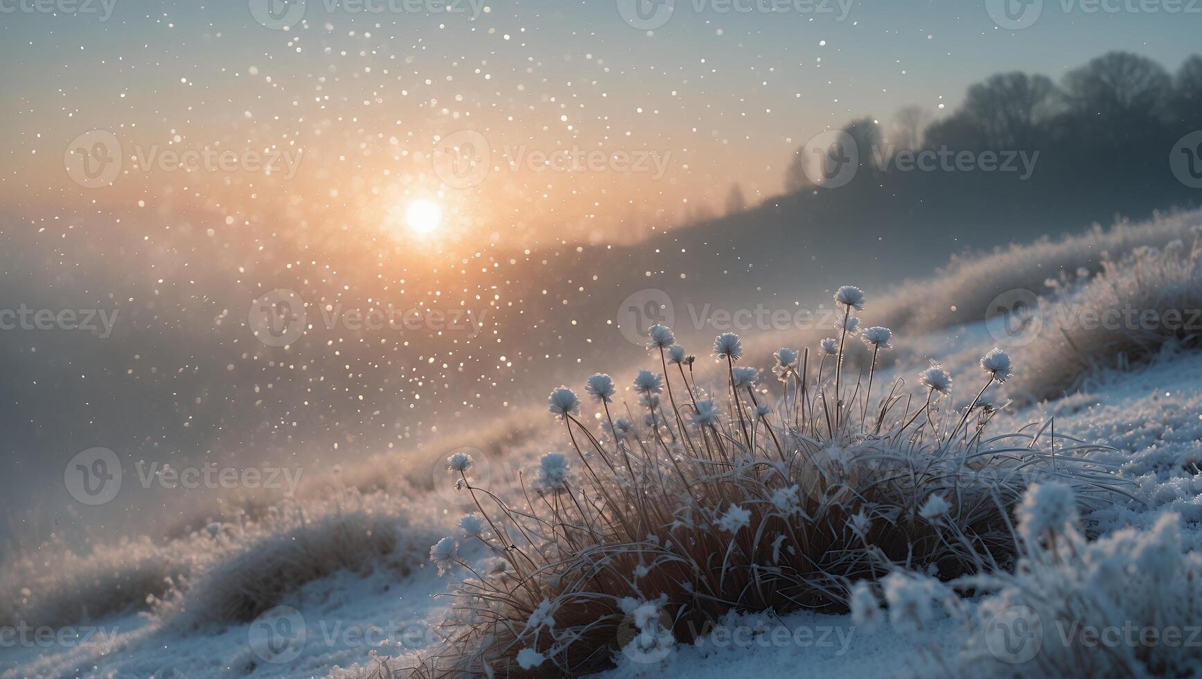 Winter Grass in Field with Frost and Warm Sunrise Glow photo