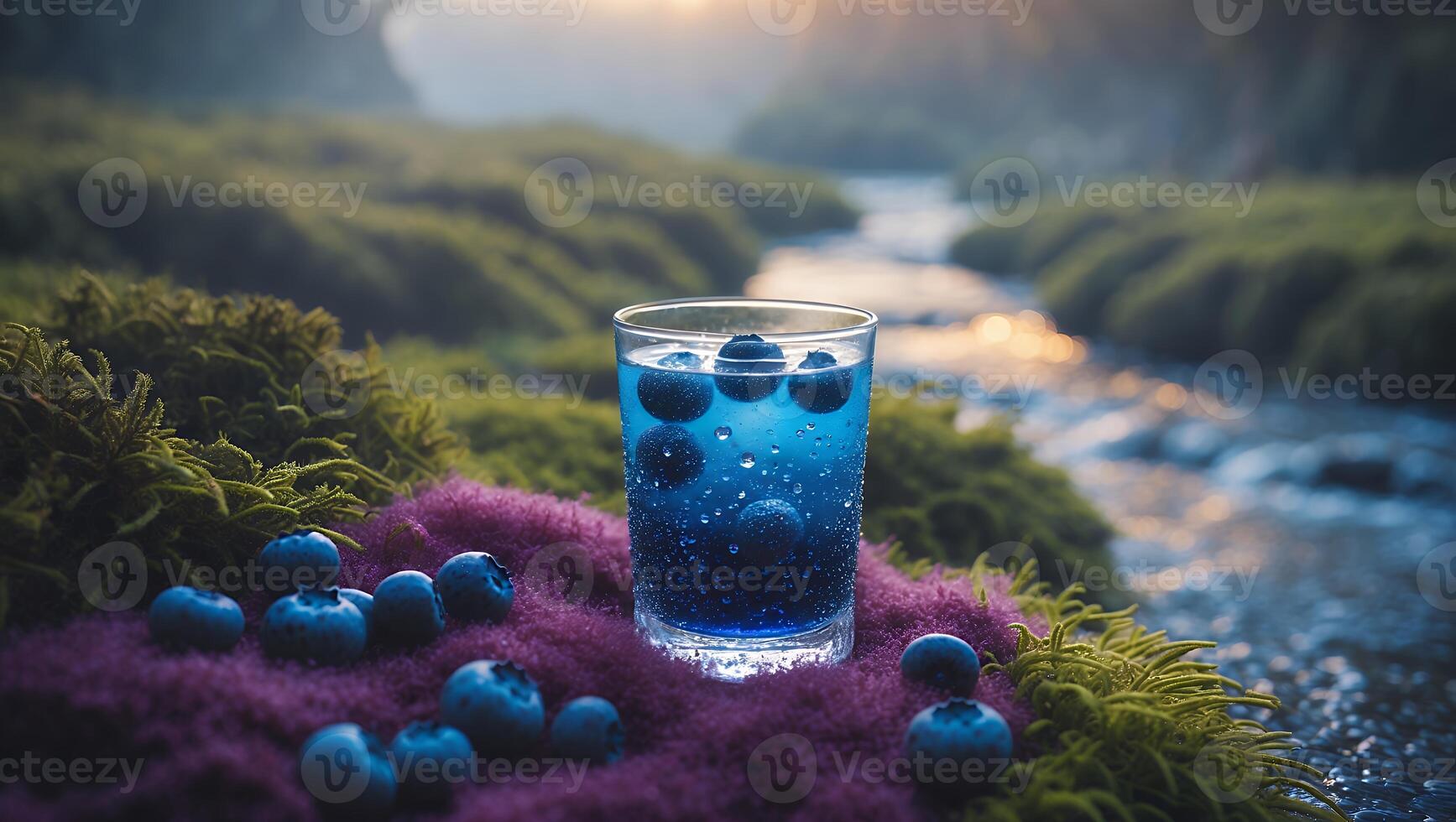 Blueberry Drink with Water Droplets Near Flowing Stream in Nature photo