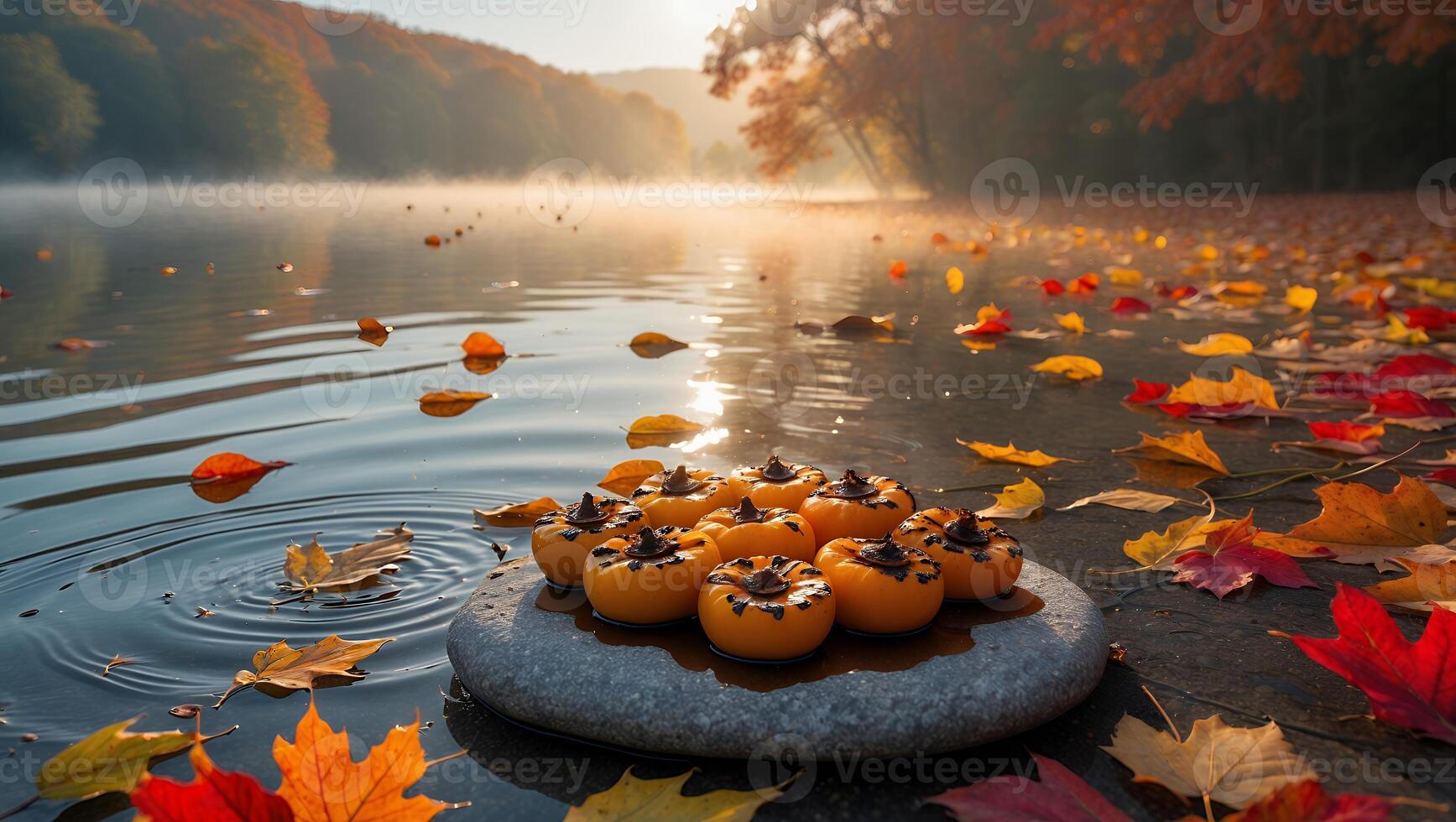 Persimmon Fruit Stack by Water with Colorful Autumn Leaves Around photo