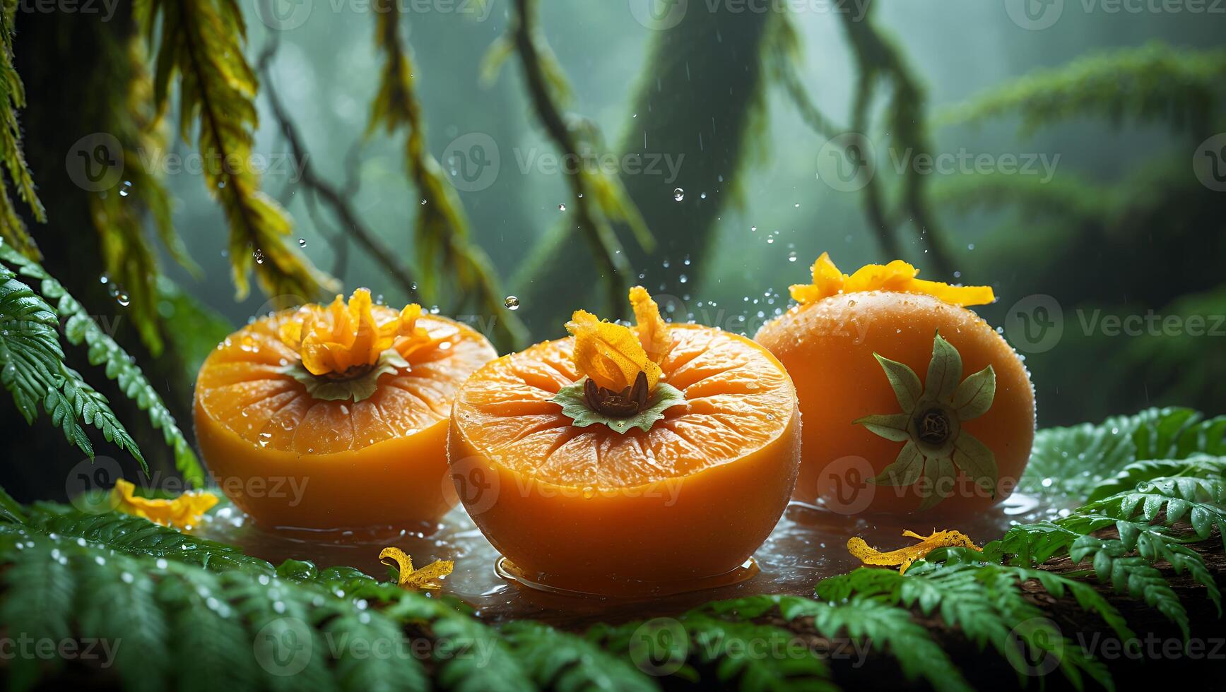 Persimmon Halves in Forest with Ferns and Raindrops Creates Serene Scene photo