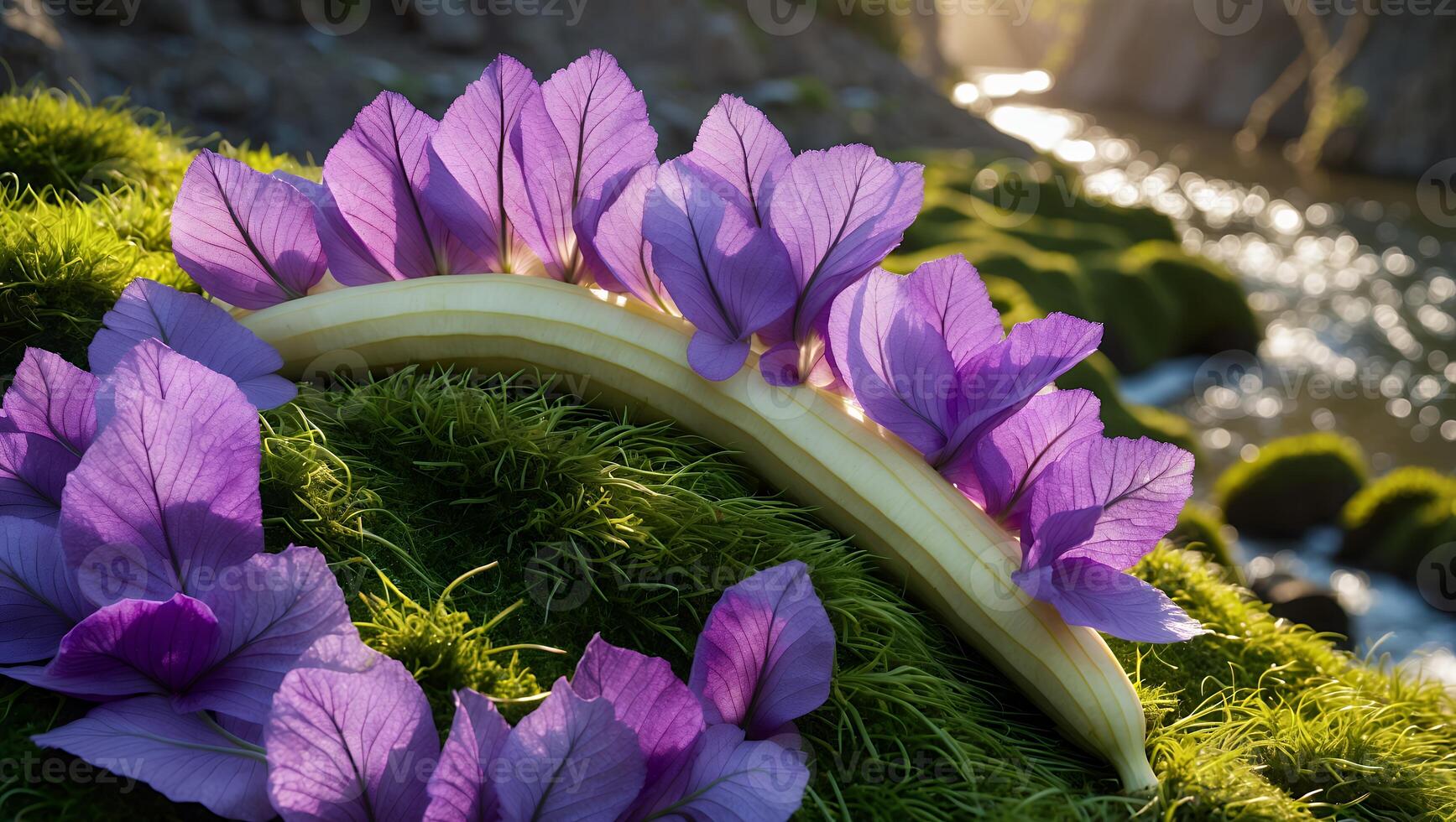 Purple Flowers and Curved Plant Stem on Green Moss by Stream photo