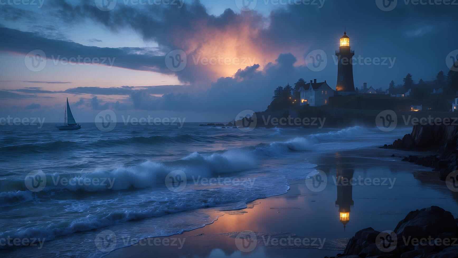 Lighthouse and Ocean Waves at Dusk with a Sailboat photo