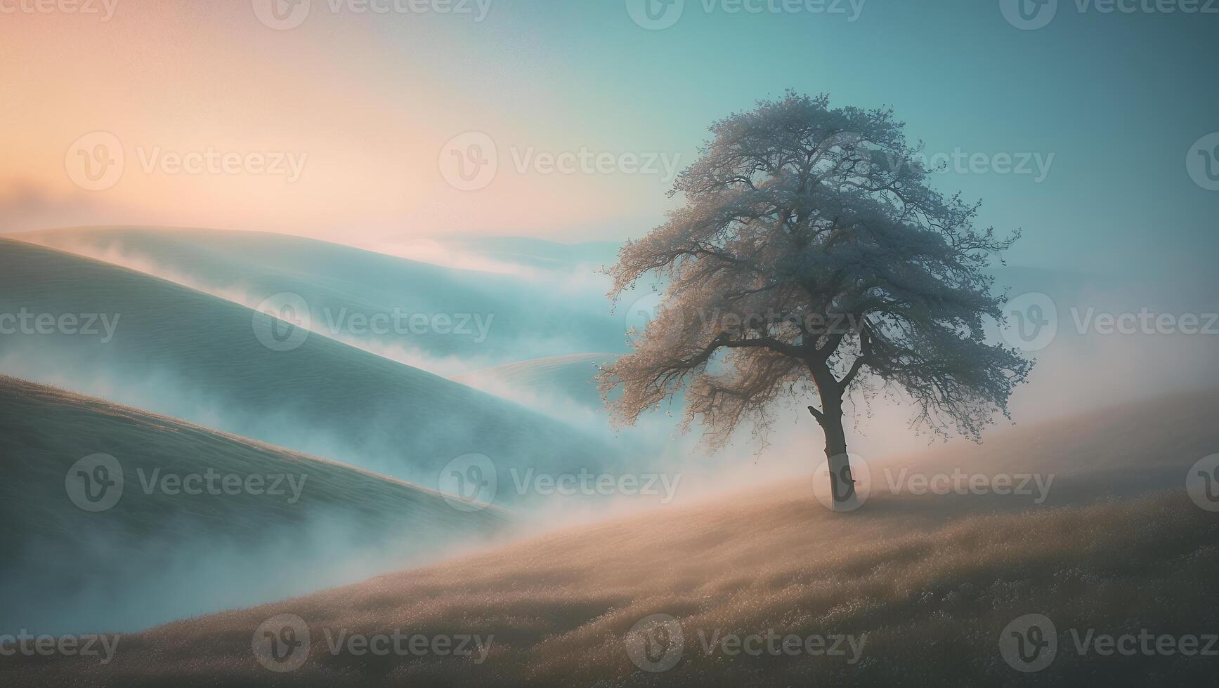 Solitary Tree Stands on Rolling Hills Enveloped in Morning Mist photo