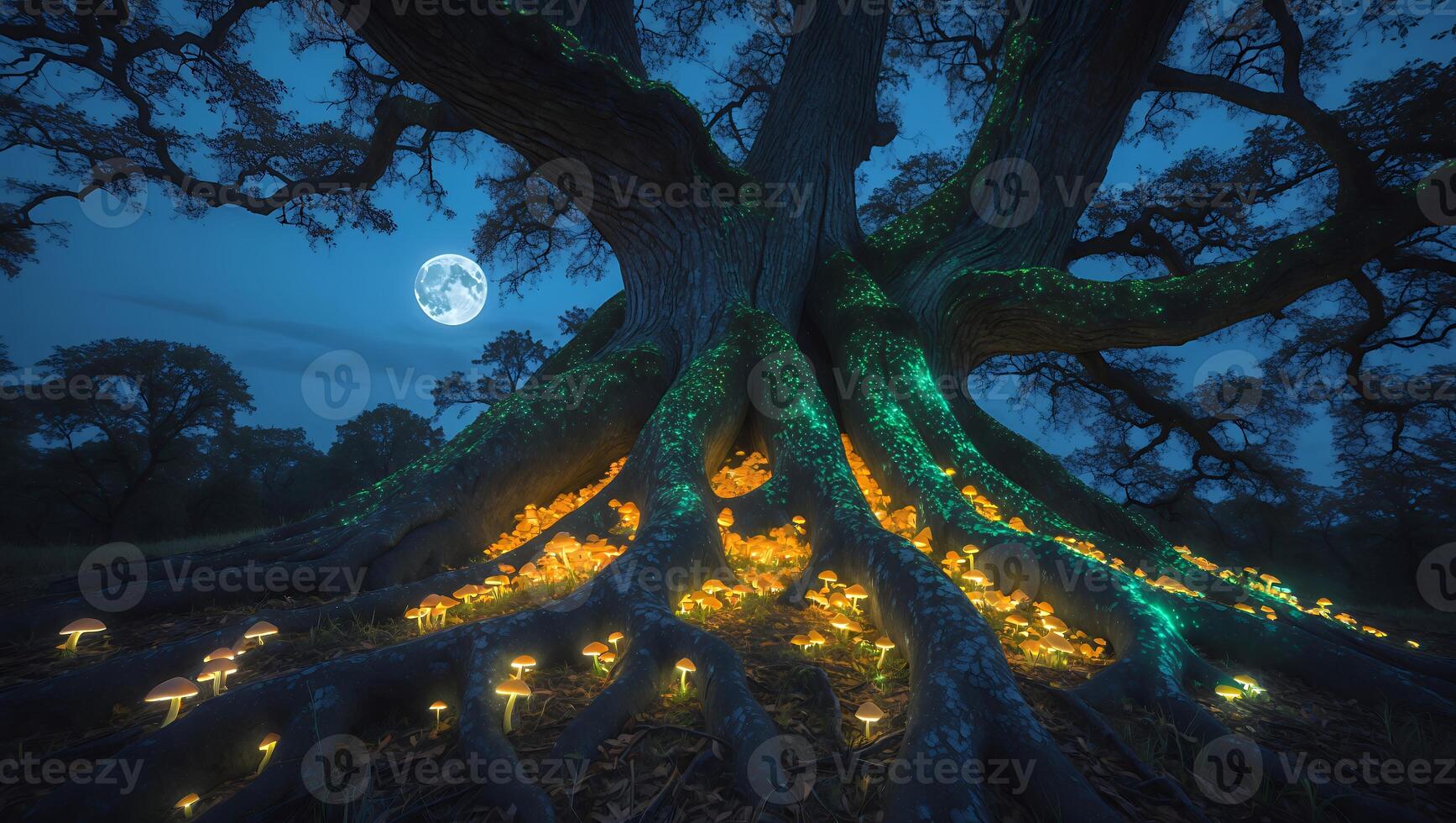Magical Tree with Glowing Mushrooms and Full Moon at Night photo
