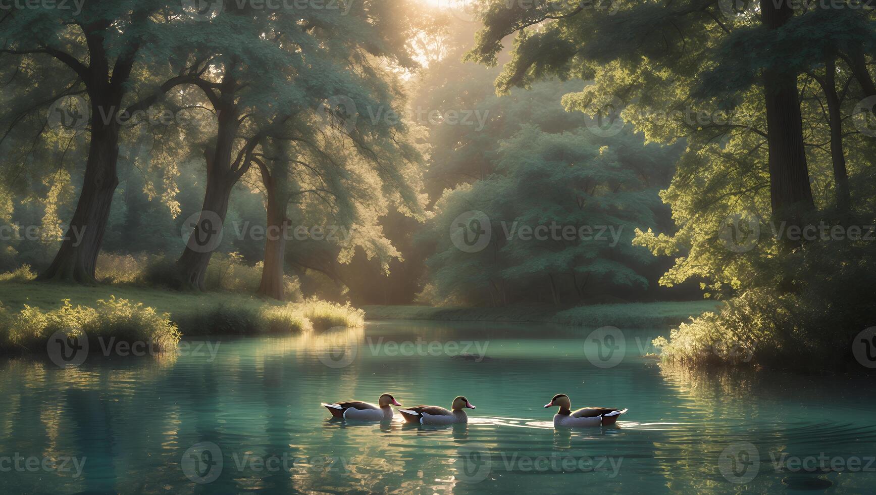 Ducks Swimming on Calm Lake Surrounded by Trees with Sunlight photo