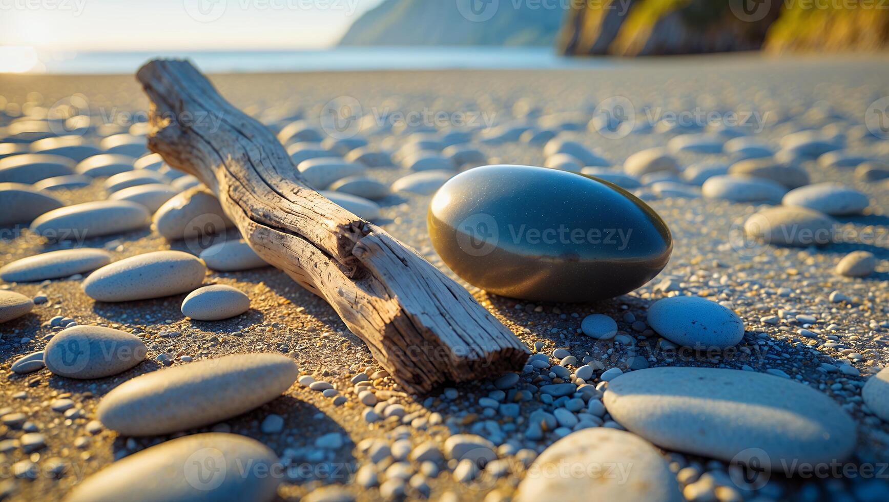 Driftwood and Smooth Stone on Sandy Beach with Warm Light photo
