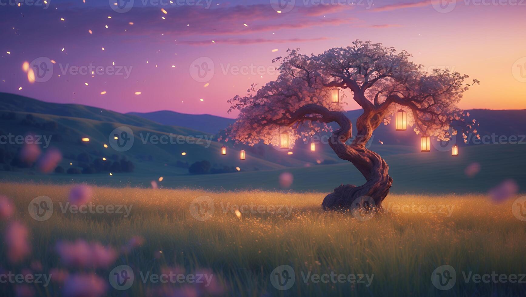 Tree with Lanterns in Field at Twilight Creates Whimsical Scene photo