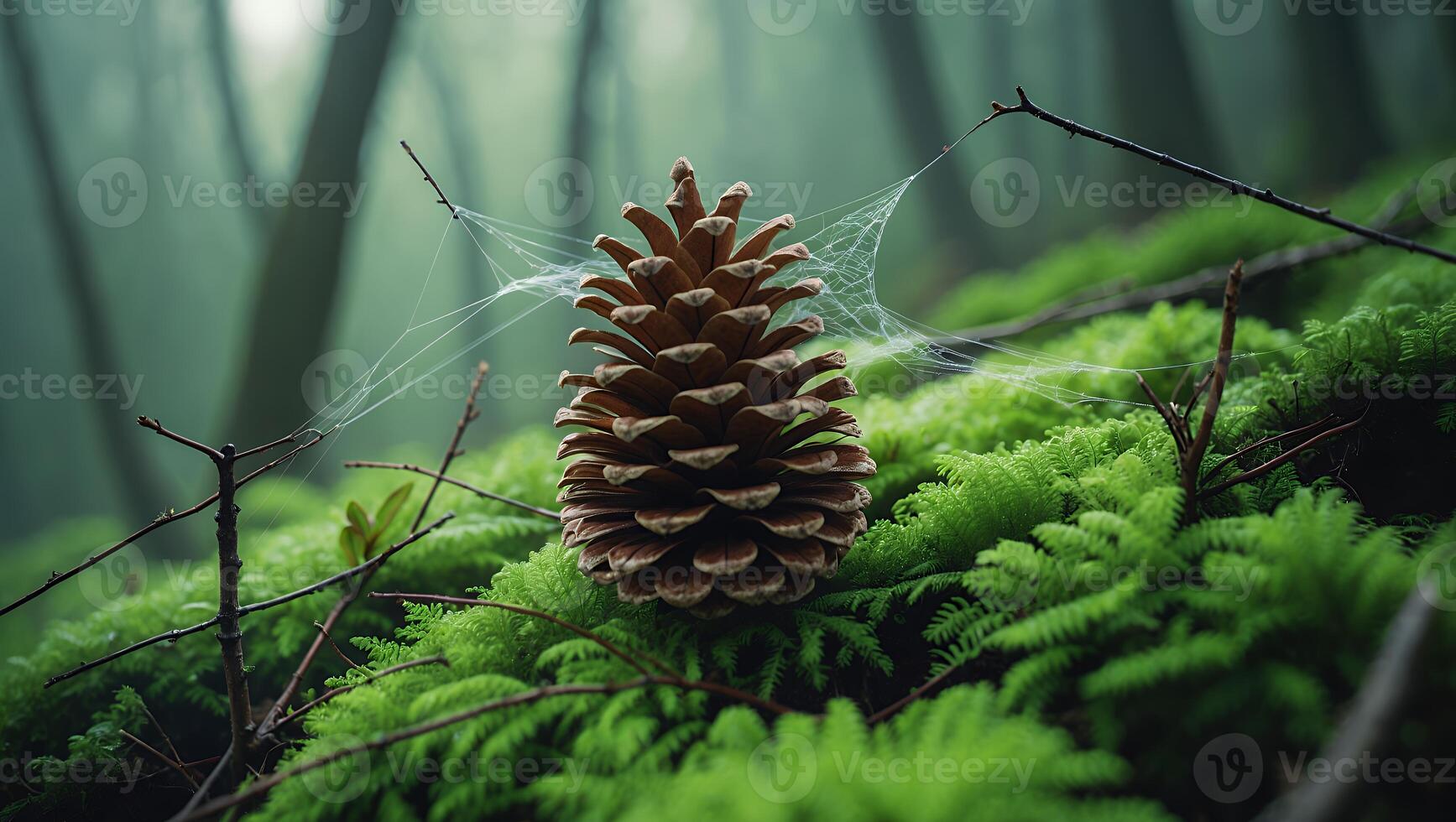 Pinecone Lying on Moss with Spiderweb in a Misty Forest photo