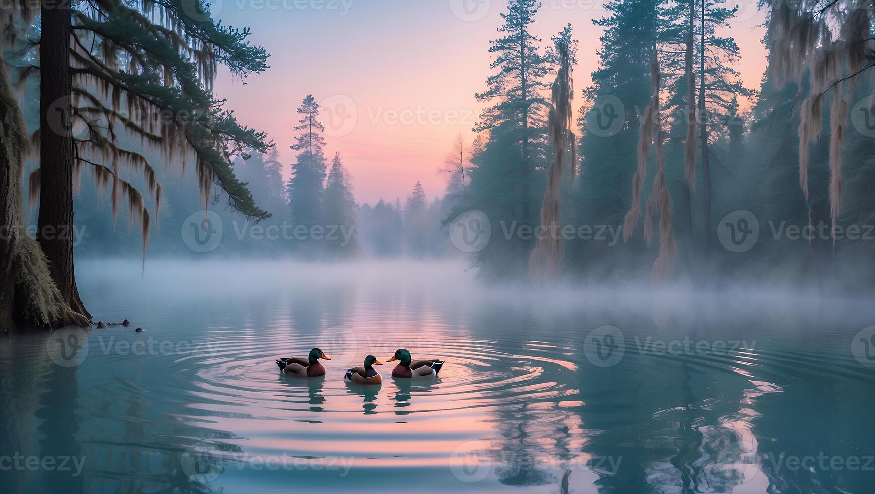 Ducks Swimming on a Foggy Lake at Dawn in a Forest photo