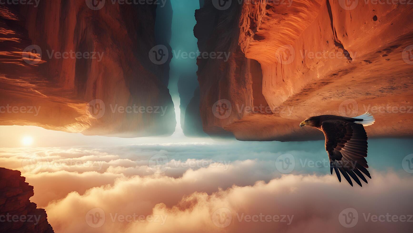 Eagle Soaring Above Clouds Near Canyon During Sunrise or Sunset photo
