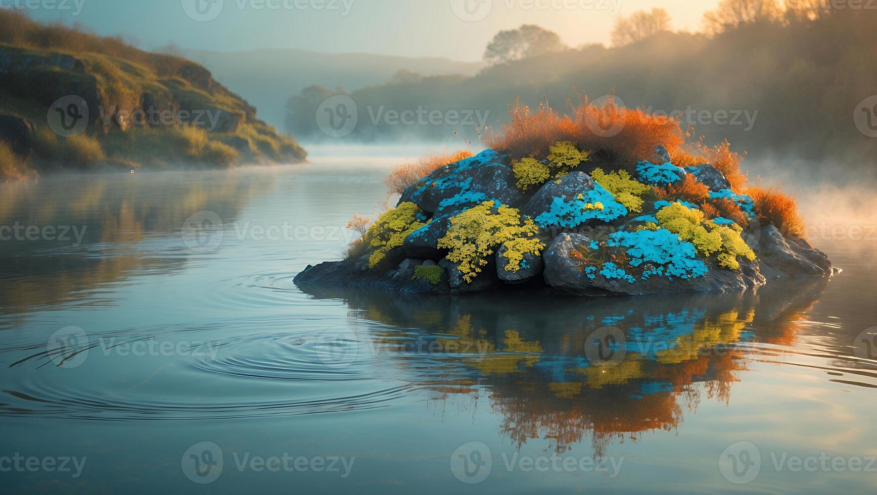 Island Rock with Colorful Flora in Misty Lake at Sunrise photo