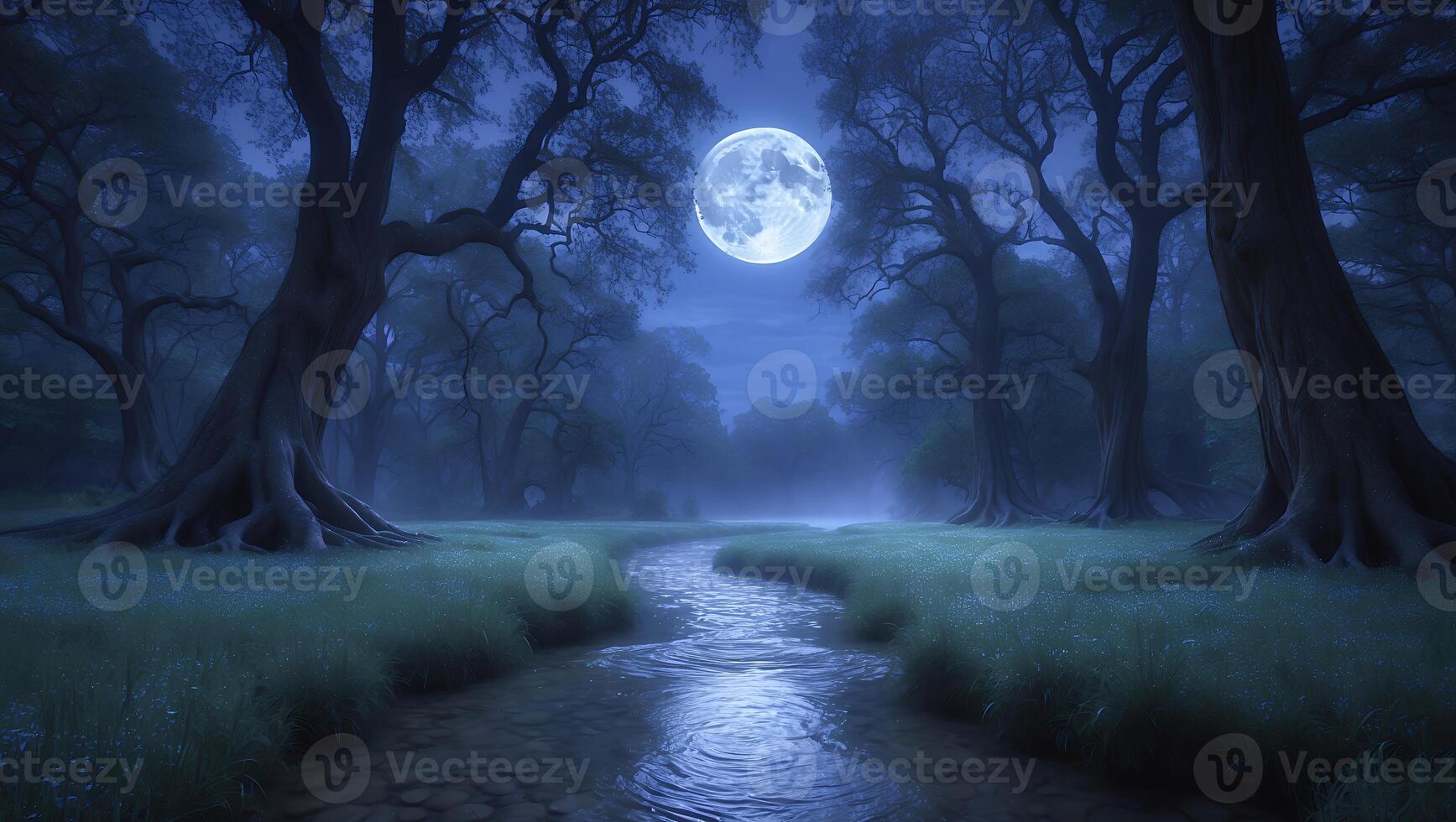 Full Moon Shining Over Forest with Winding Stream at Night photo