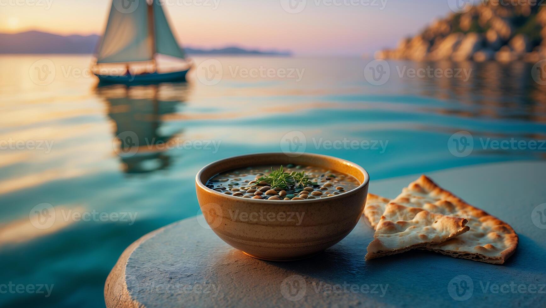 Enjoying Warm Lentil Soup and Flatbread on a Sailboat Adventure photo
